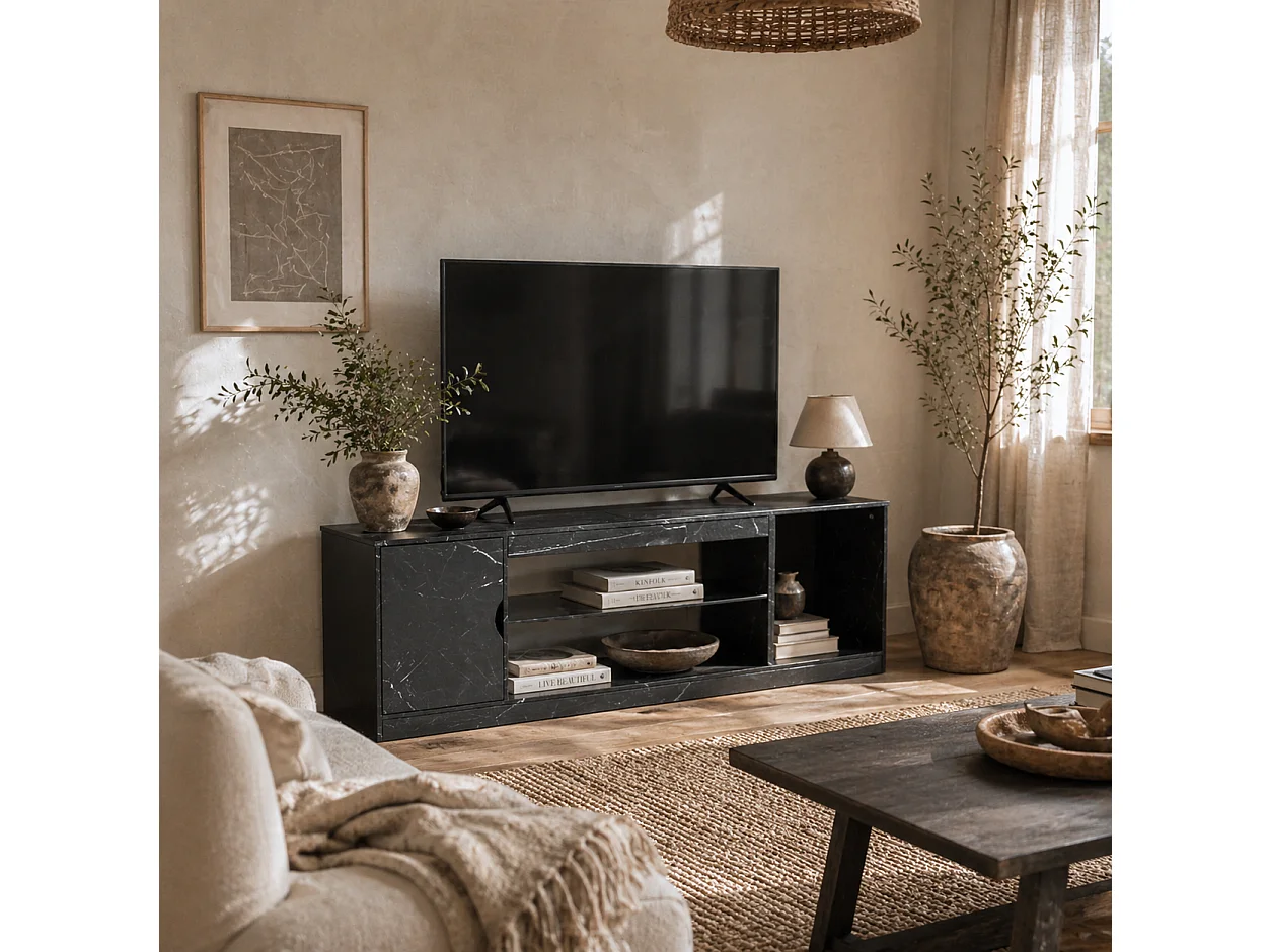 Avadell 148cm Black Marble Effect TV Unit with Glass Shelf for 45 55 inch Screens