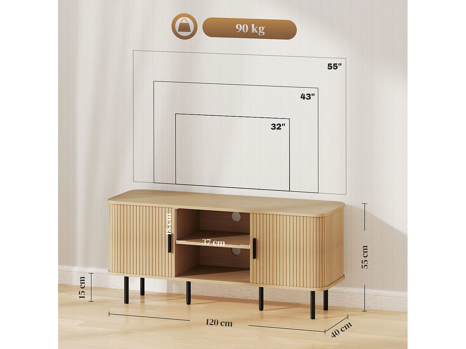 Elnali 120cm Oak Tone TV Unit with Shelves and Sliding Doors for TVs up to 55 inches