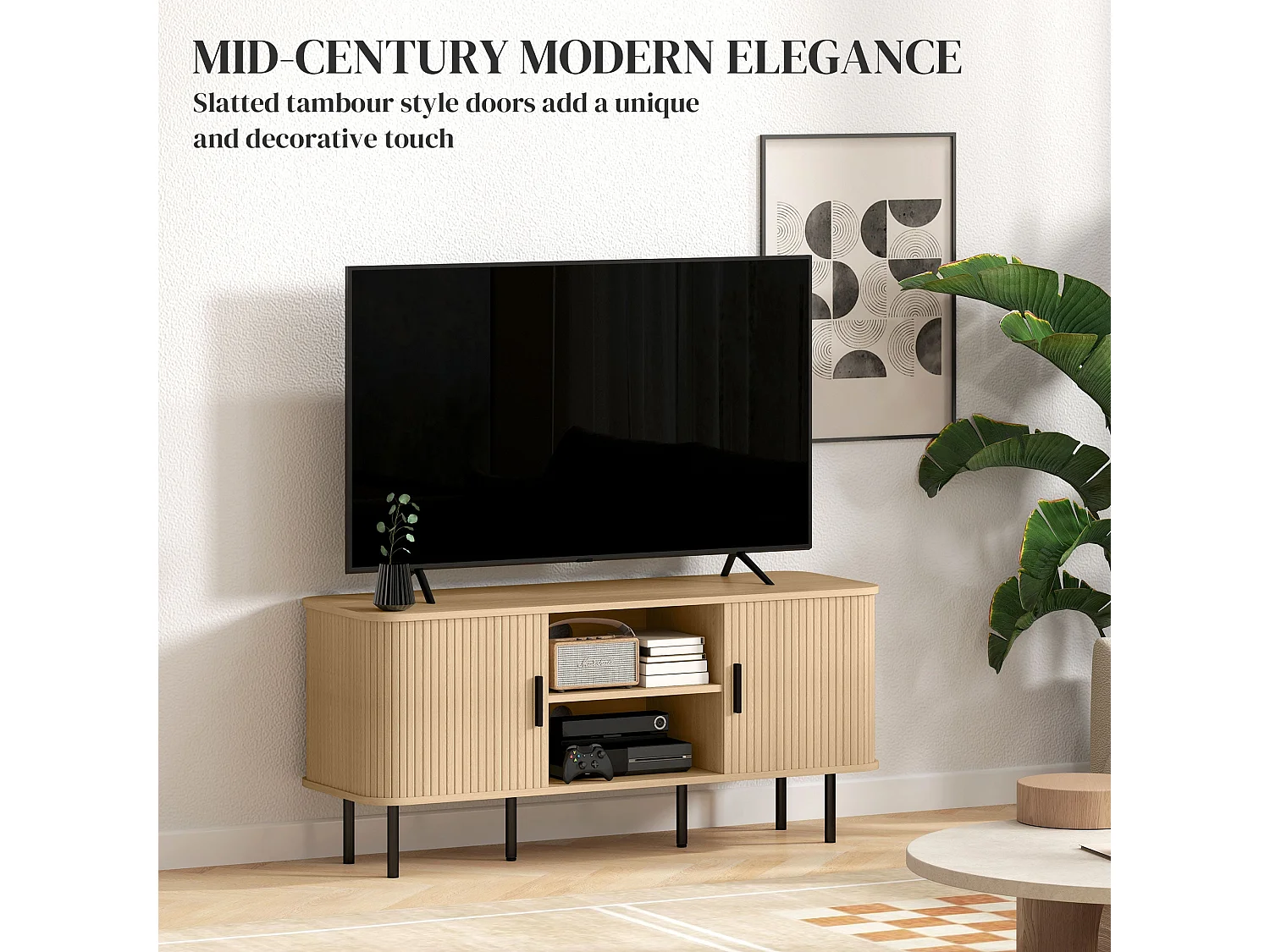 Elnali 120cm Oak Tone TV Unit with Shelves and Sliding Doors for TVs up to 55 inches