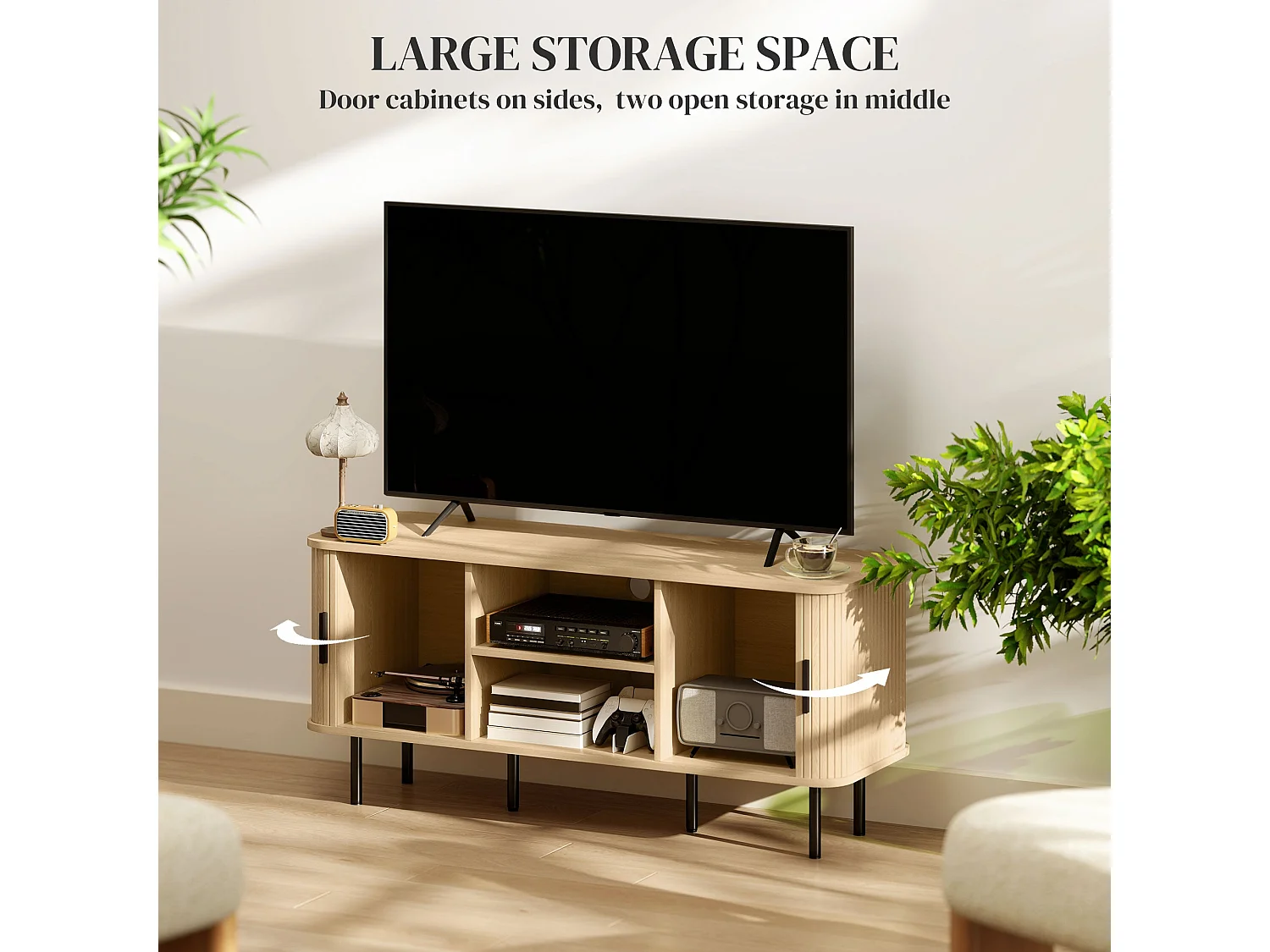 Elnali 120cm Oak Tone TV Unit with Shelves and Sliding Doors for TVs up to 55 inches