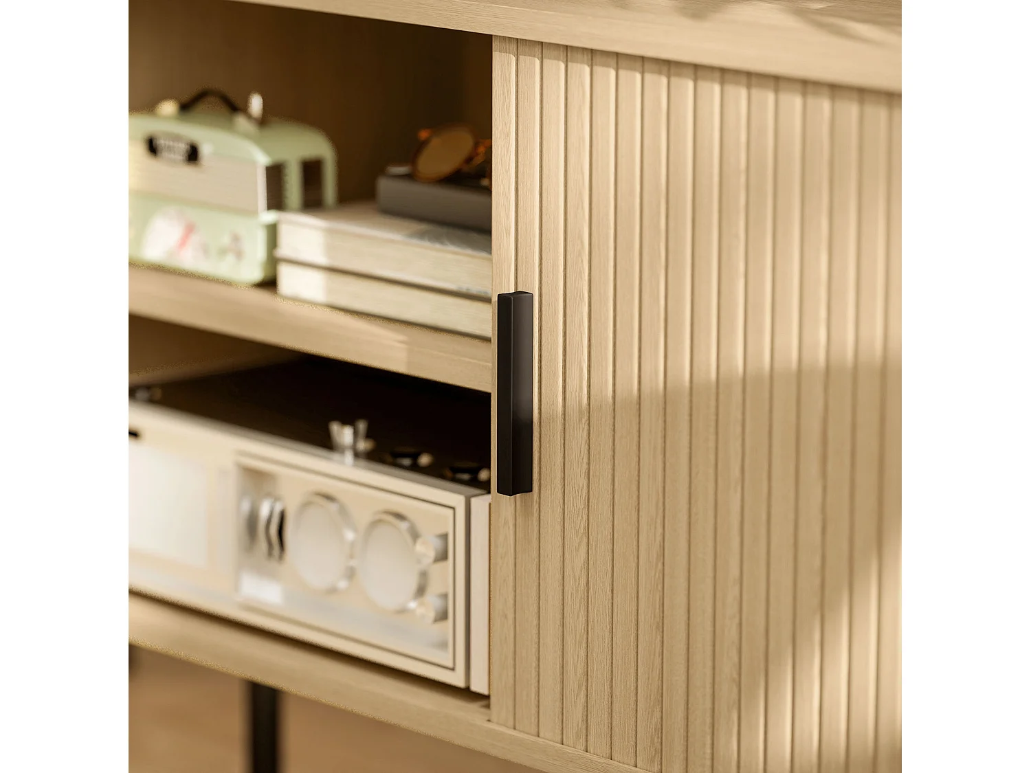 Elnali 120cm Oak Tone TV Unit with Shelves and Sliding Doors for TVs up to 55 inches