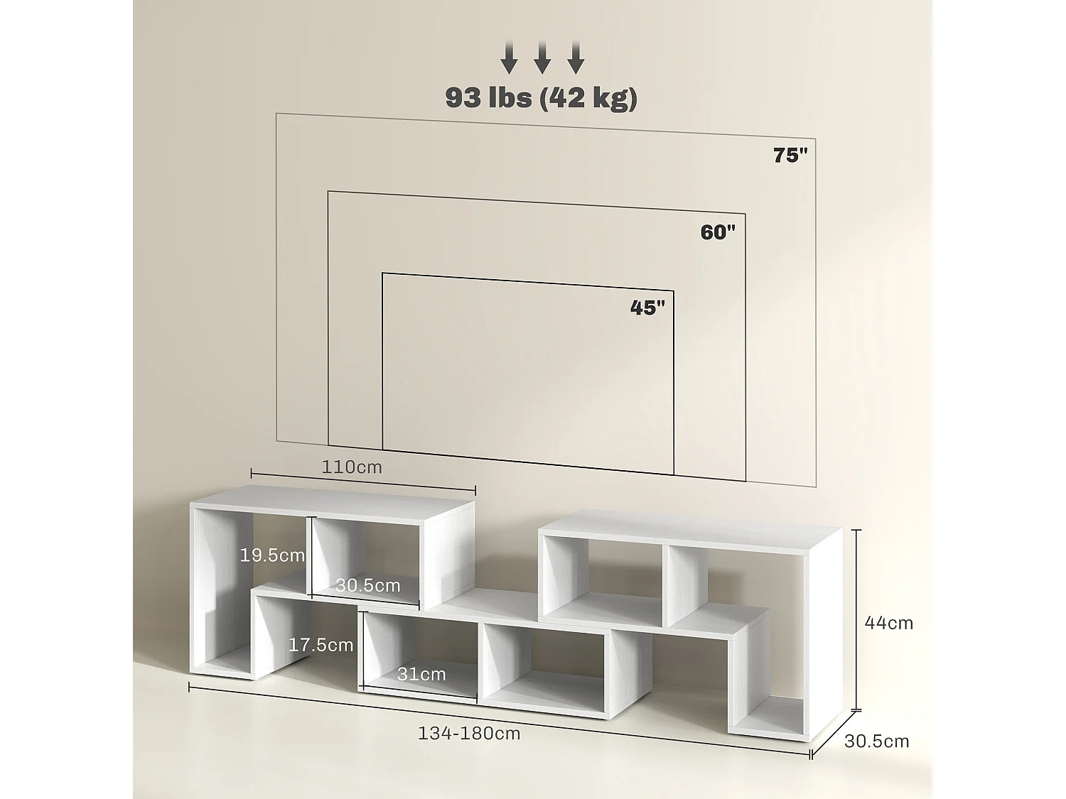 Tota 134–180cm White Wood Effect 3 Block Modular TV Stand