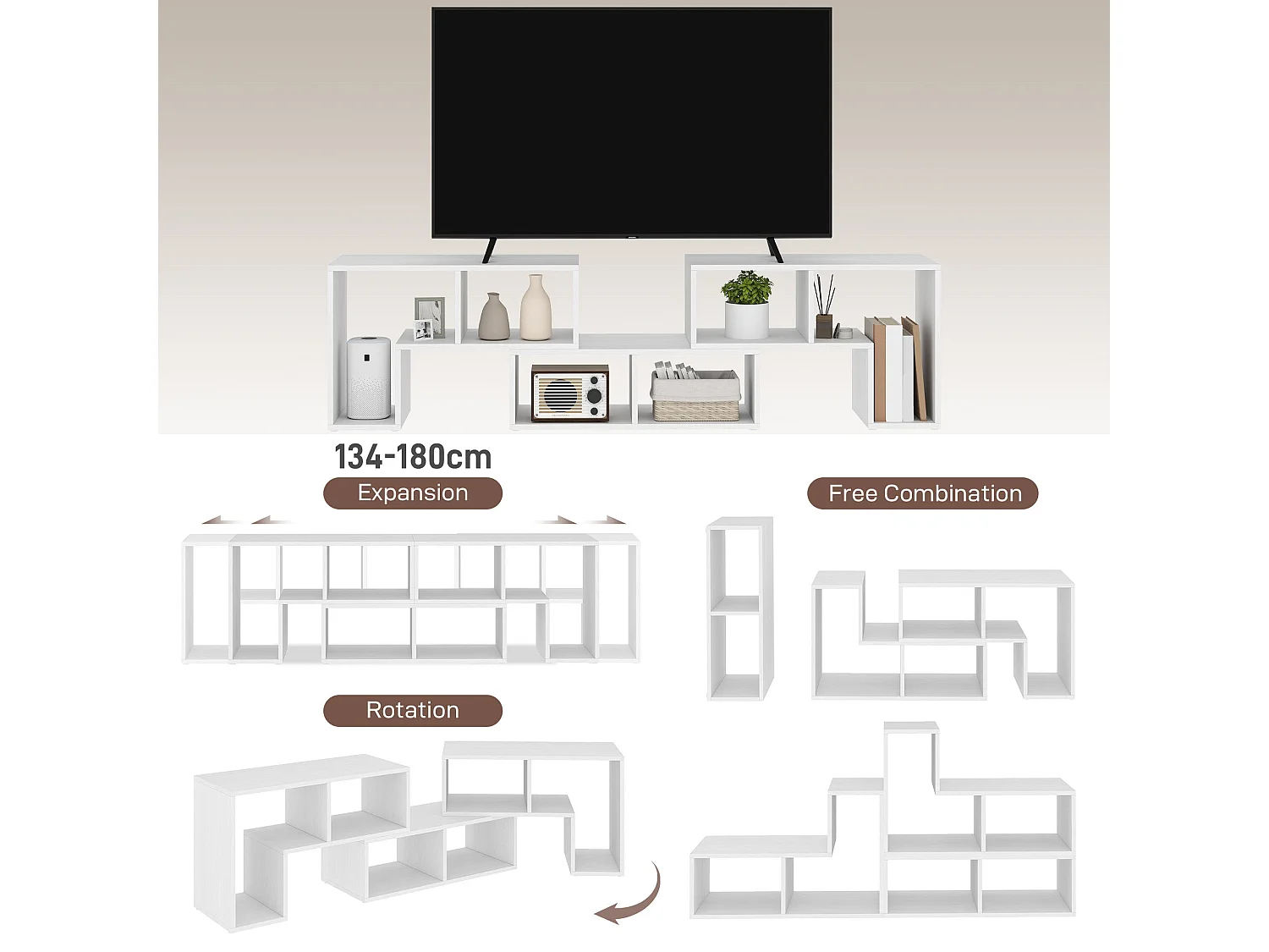 Tota 134–180cm White Wood Effect 3 Block Modular TV Stand