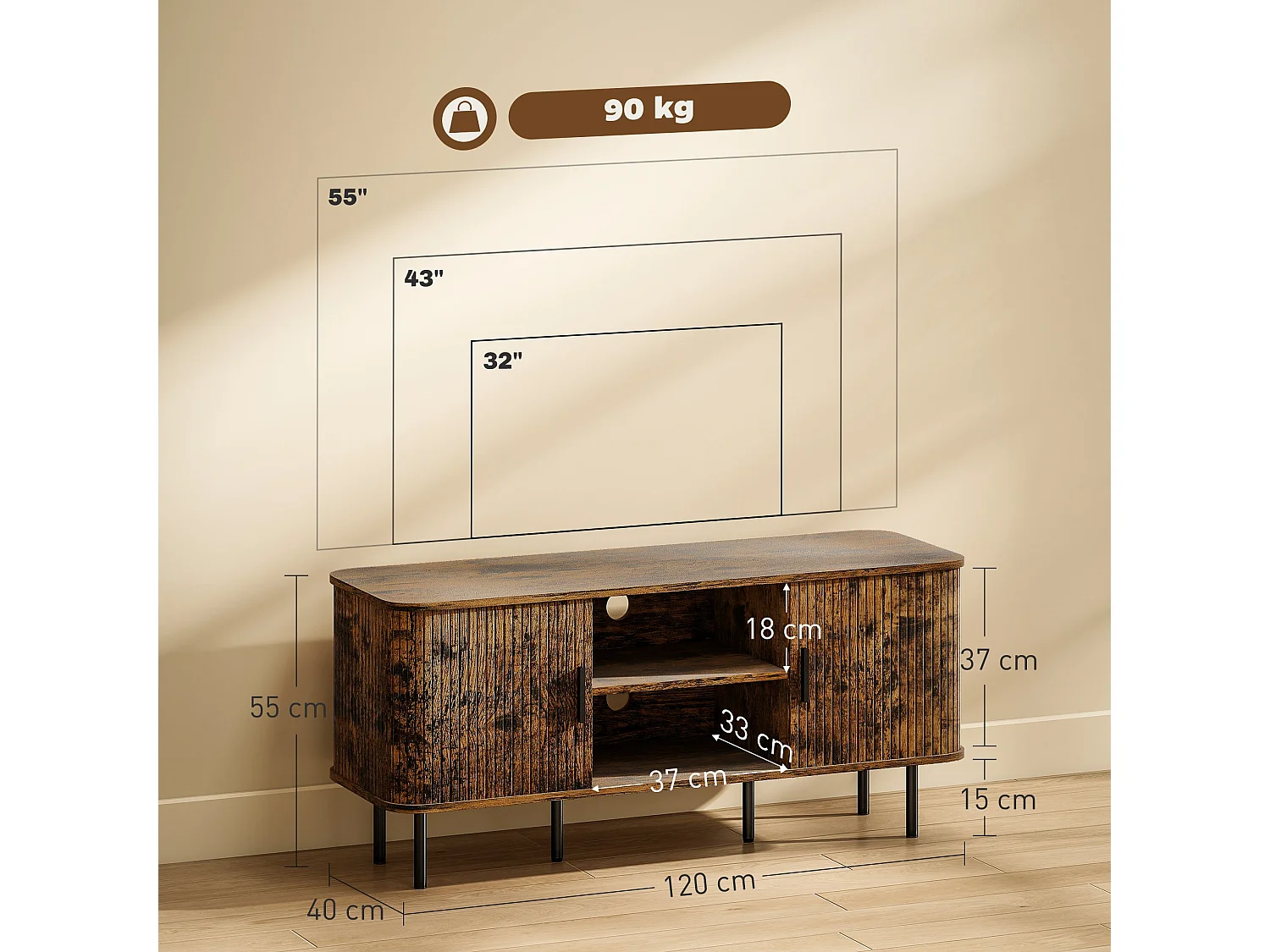 Avaniva 120cm Rustic Brown TV Console with Sliding Tambour Doors and Shelf for TVs up to 55 inches