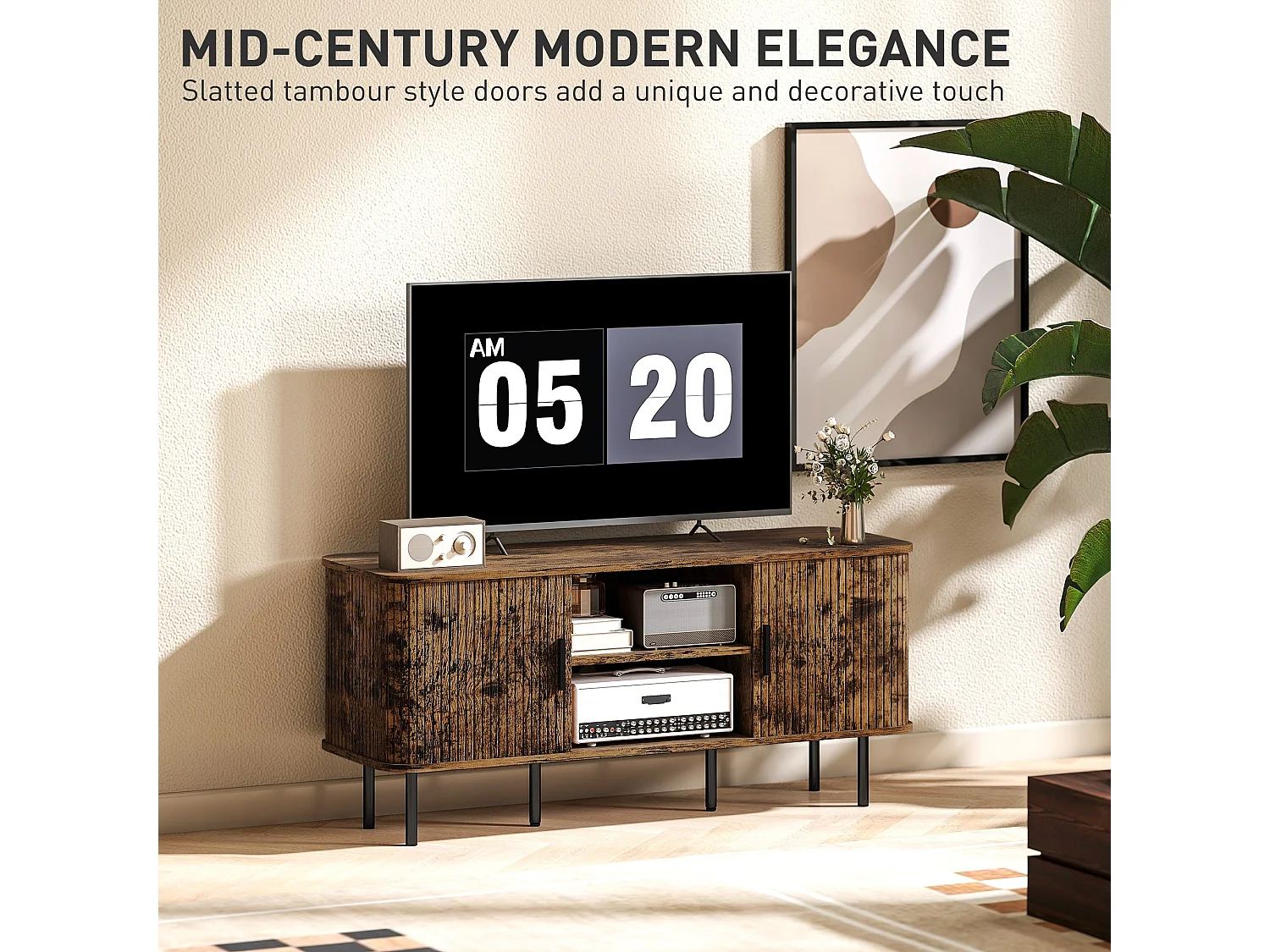 Avaniva 120cm Rustic Brown TV Console with Sliding Tambour Doors and Shelf for TVs up to 55 inches