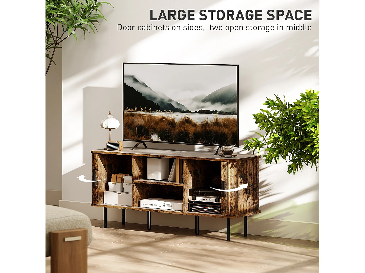 Avaniva 120cm Rustic Brown TV Console with Sliding Tambour Doors and Shelf for TVs up to 55 inches