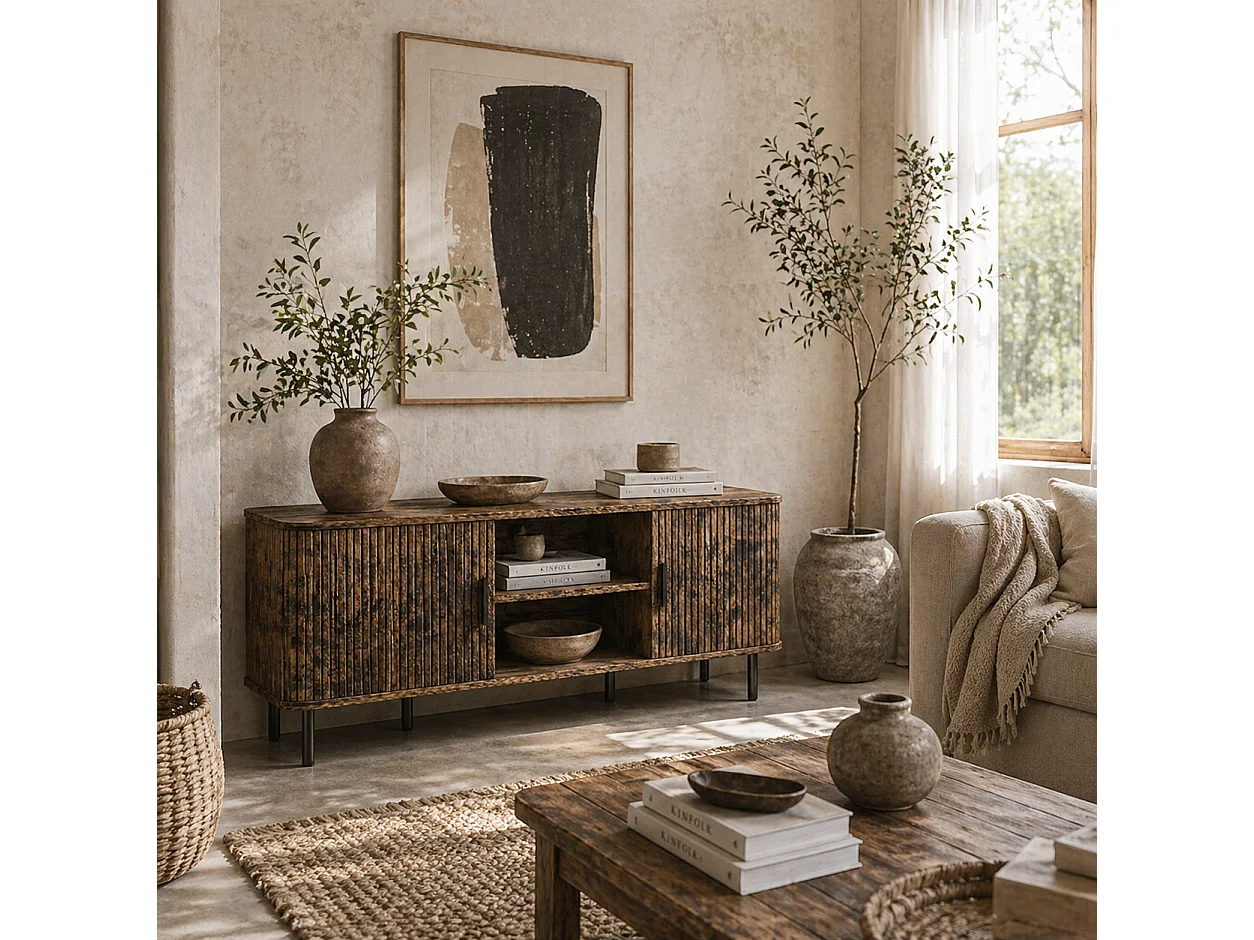 Avaniva 120cm Rustic Brown TV Console with Sliding Tambour Doors and Shelf for TVs up to 55 inches