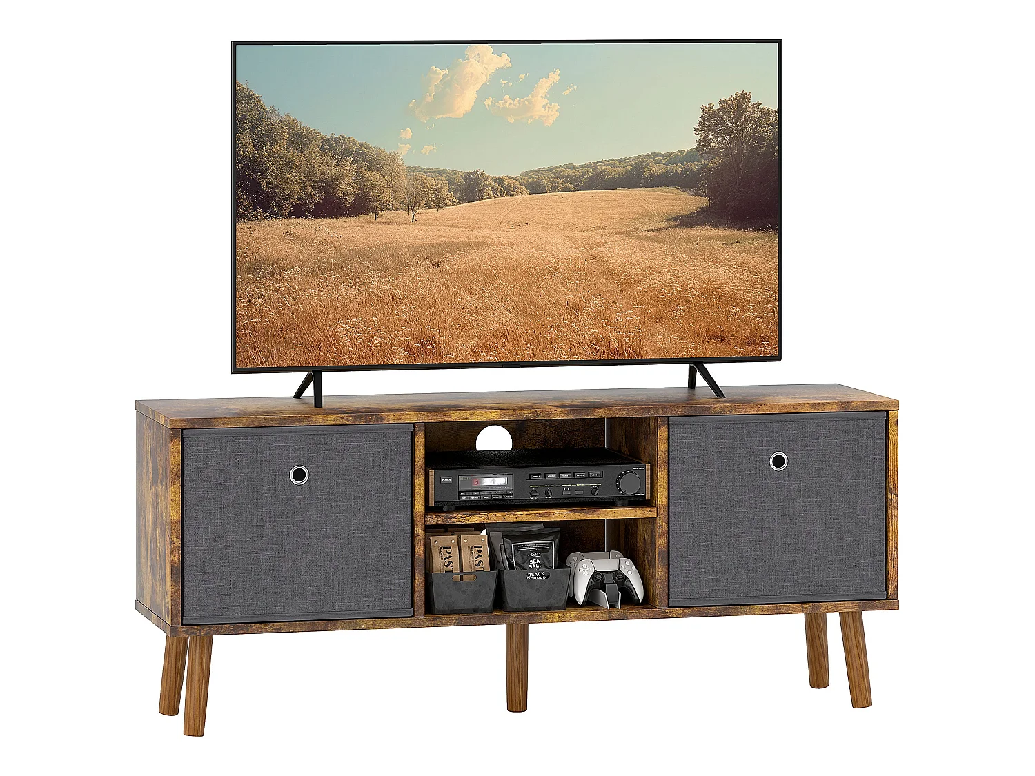 Dilo 110cm Rustic Brown Wooden TV Cabinet with Shelves and Removable Fabric Drawers for TVs up to 50 inches
