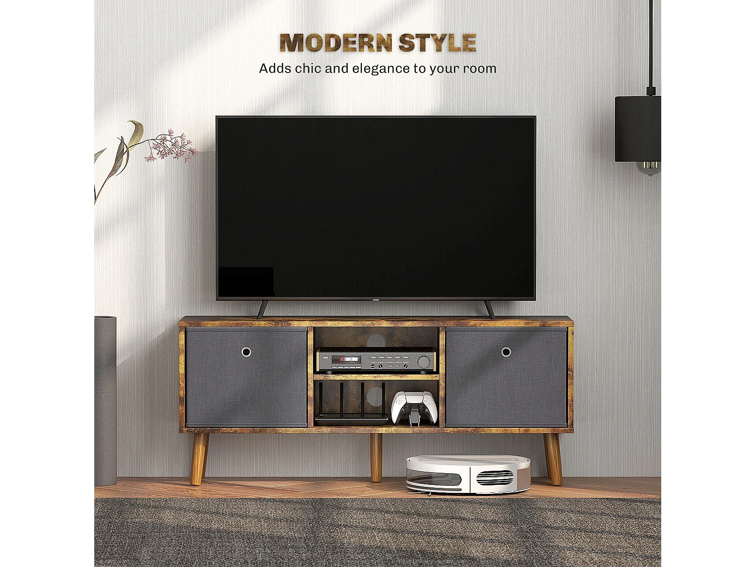 Dilo 110cm Rustic Brown Wooden TV Cabinet with Shelves and Removable Fabric Drawers for TVs up to 50 inches