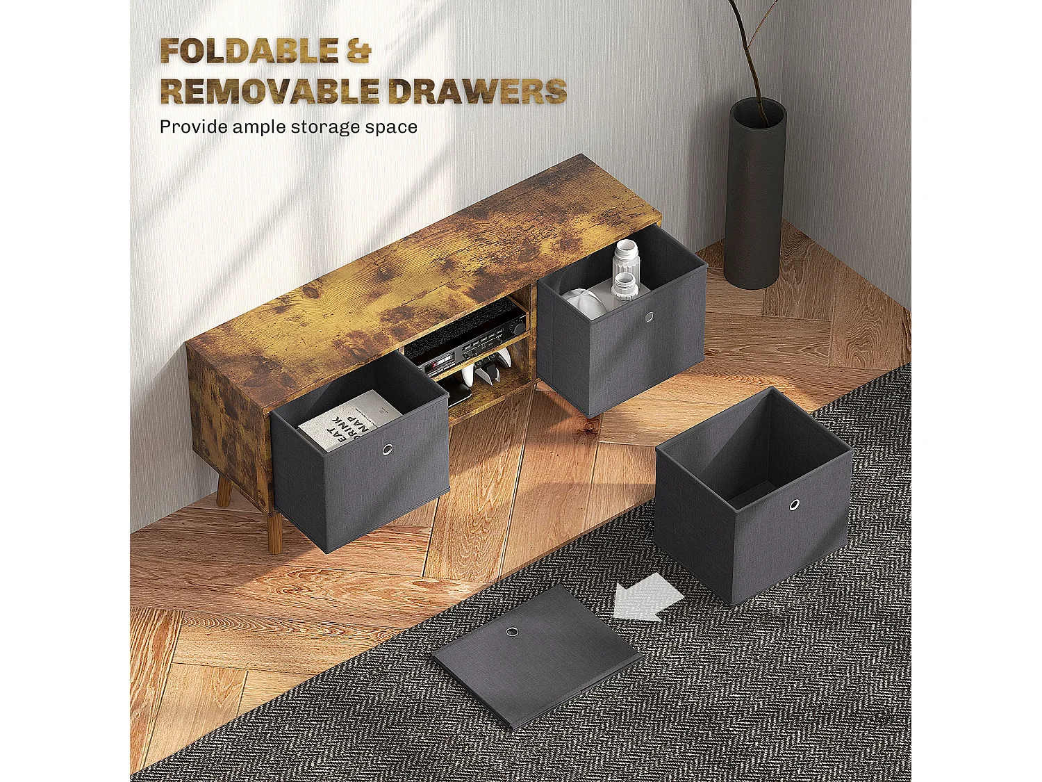 Dilo 110cm Rustic Brown Wooden TV Cabinet with Shelves and Removable Fabric Drawers for TVs up to 50 inches