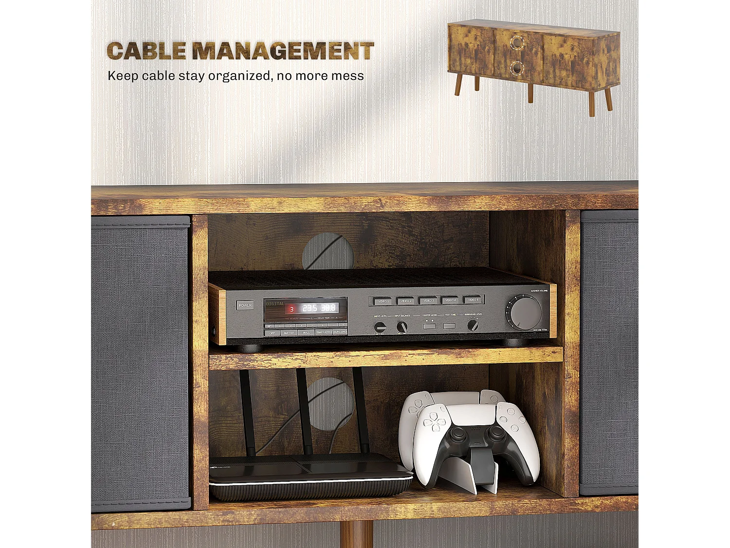 Dilo 110cm Rustic Brown Wooden TV Cabinet with Shelves and Removable Fabric Drawers for TVs up to 50 inches