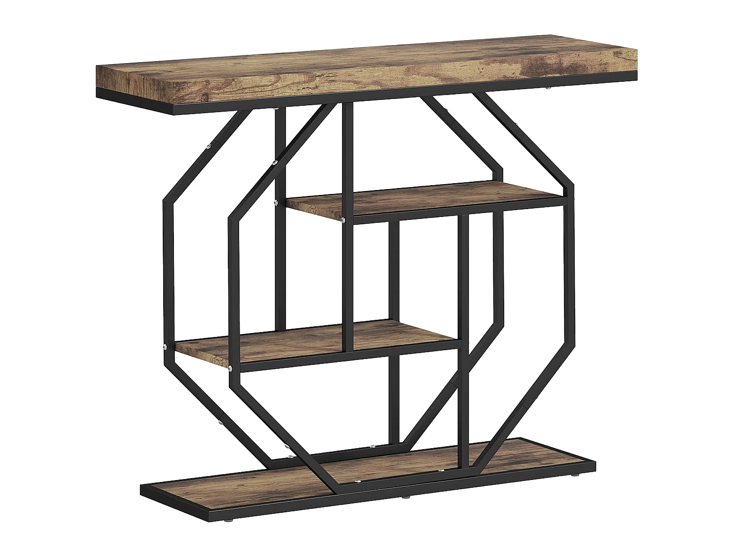 Reello 4 Tier Industrial Console Table Rustic Brown MDF Shelves Black Steel Frame