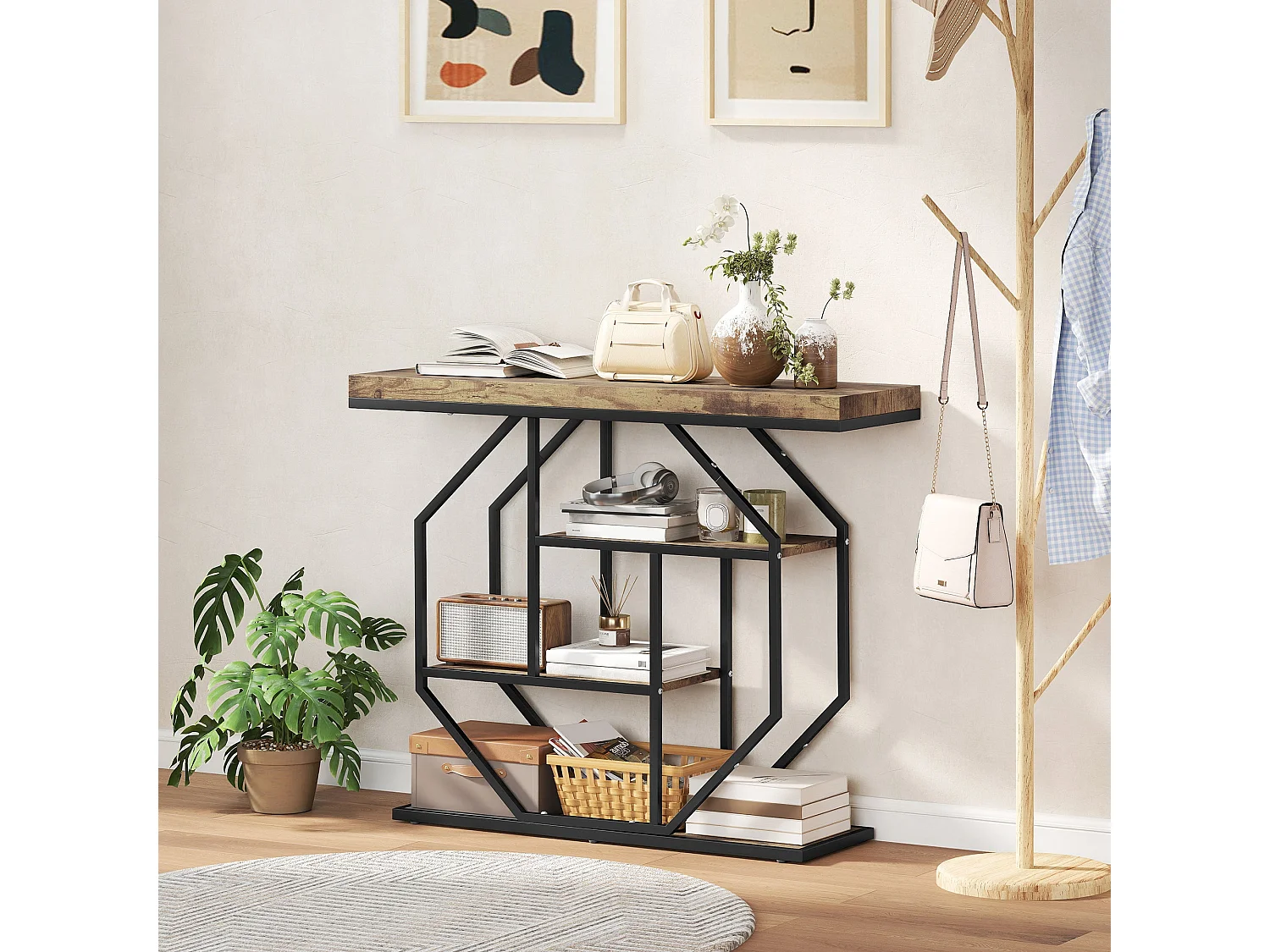 Reello 4 Tier Industrial Console Table Rustic Brown MDF Shelves Black Steel Frame