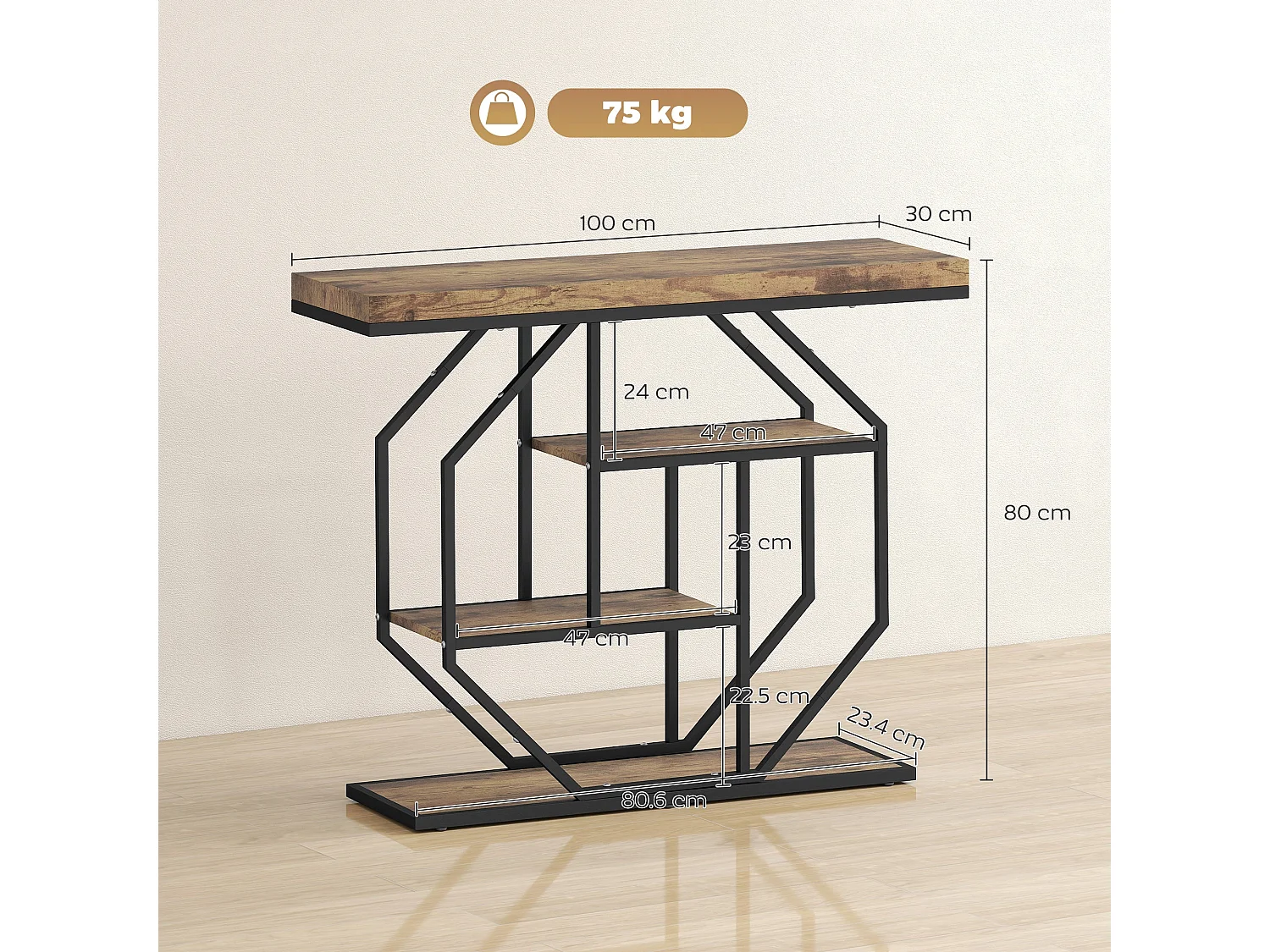 Reello 4 Tier Industrial Console Table Rustic Brown MDF Shelves Black Steel Frame