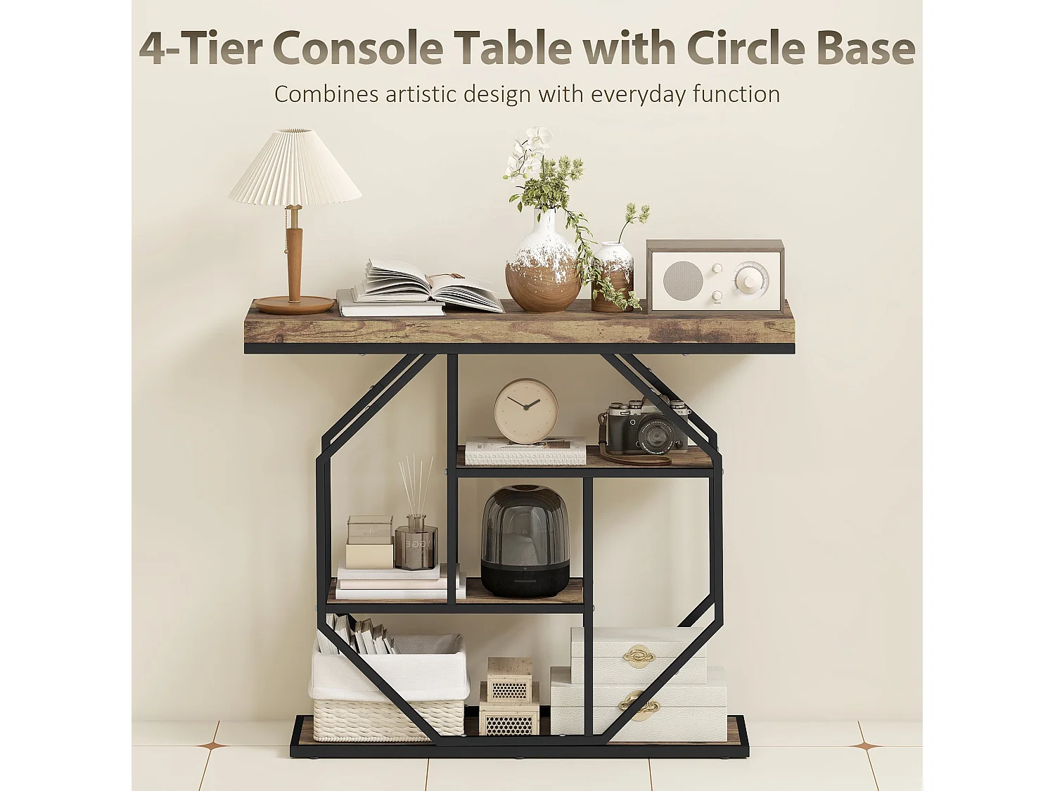 Reello 4 Tier Industrial Console Table Rustic Brown MDF Shelves Black Steel Frame