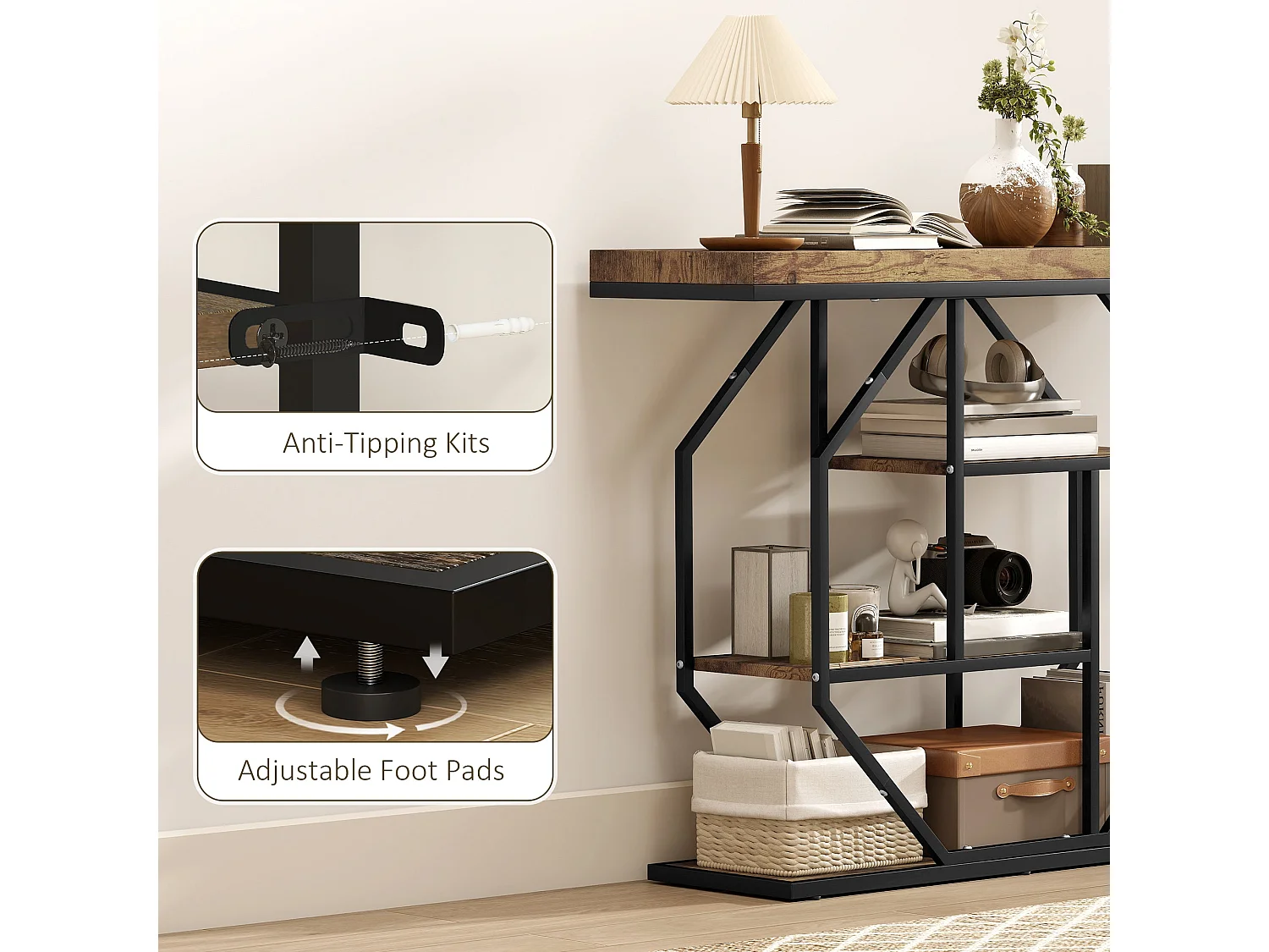 Reello 4 Tier Industrial Console Table Rustic Brown MDF Shelves Black Steel Frame