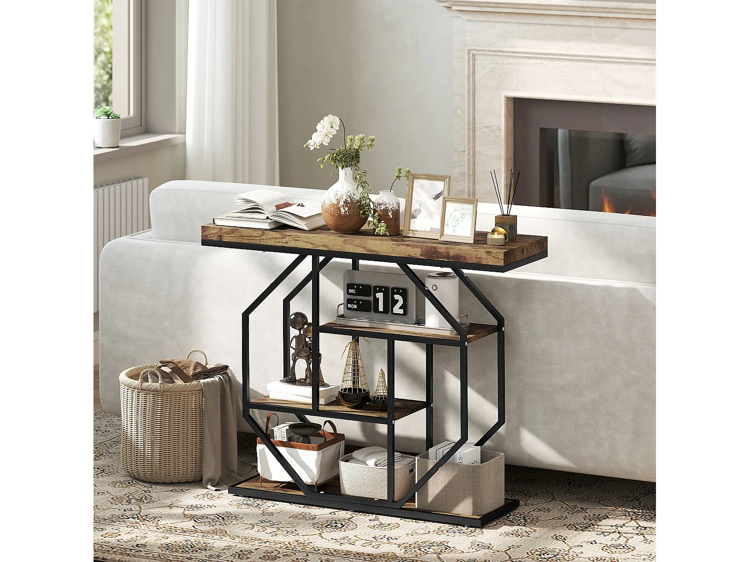 Reello 4 Tier Industrial Console Table Rustic Brown MDF Shelves Black Steel Frame