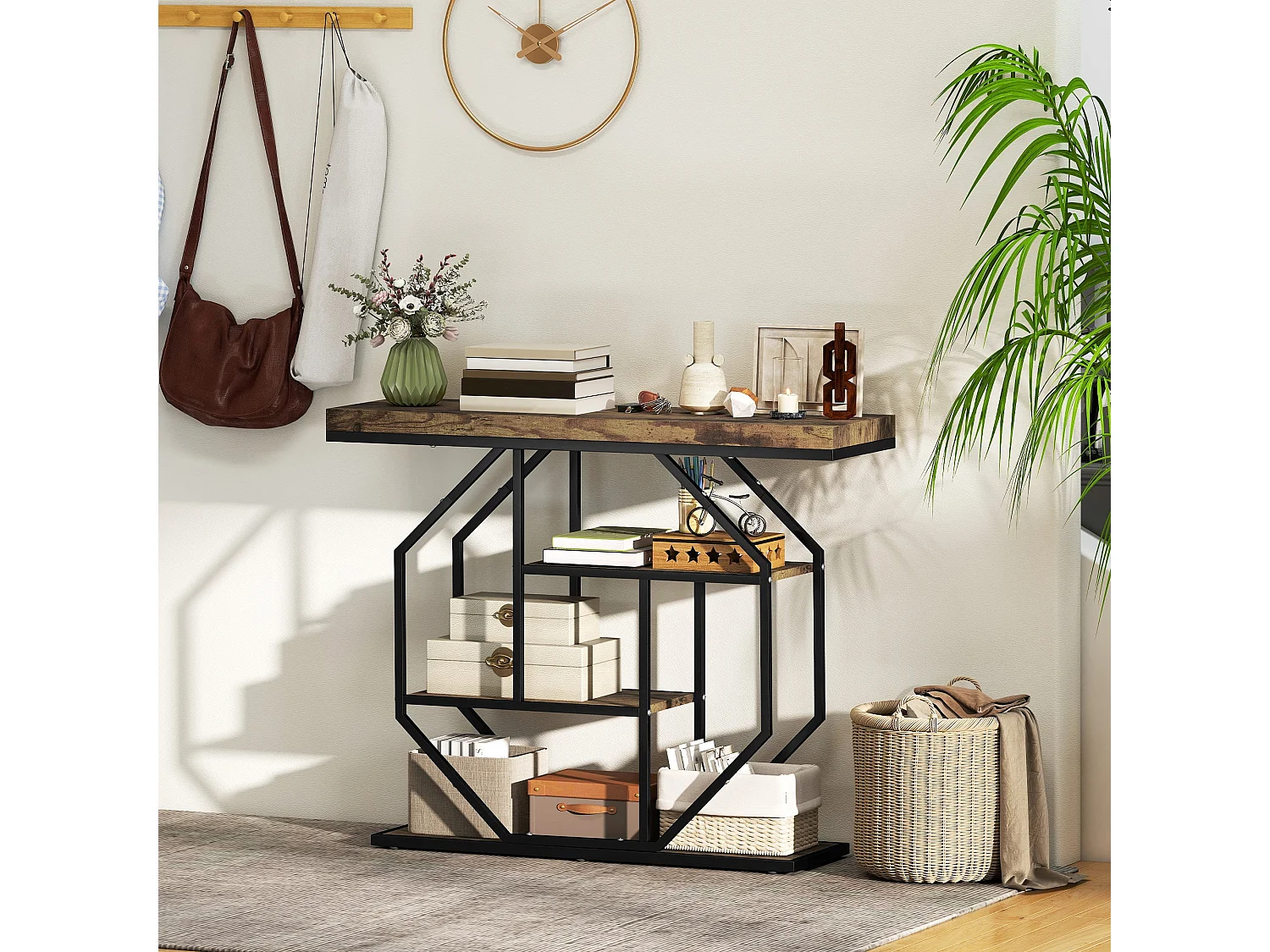 Reello 4 Tier Industrial Console Table Rustic Brown MDF Shelves Black Steel Frame