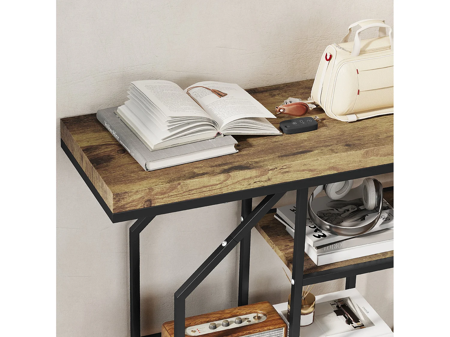 Reello 4 Tier Industrial Console Table Rustic Brown MDF Shelves Black Steel Frame