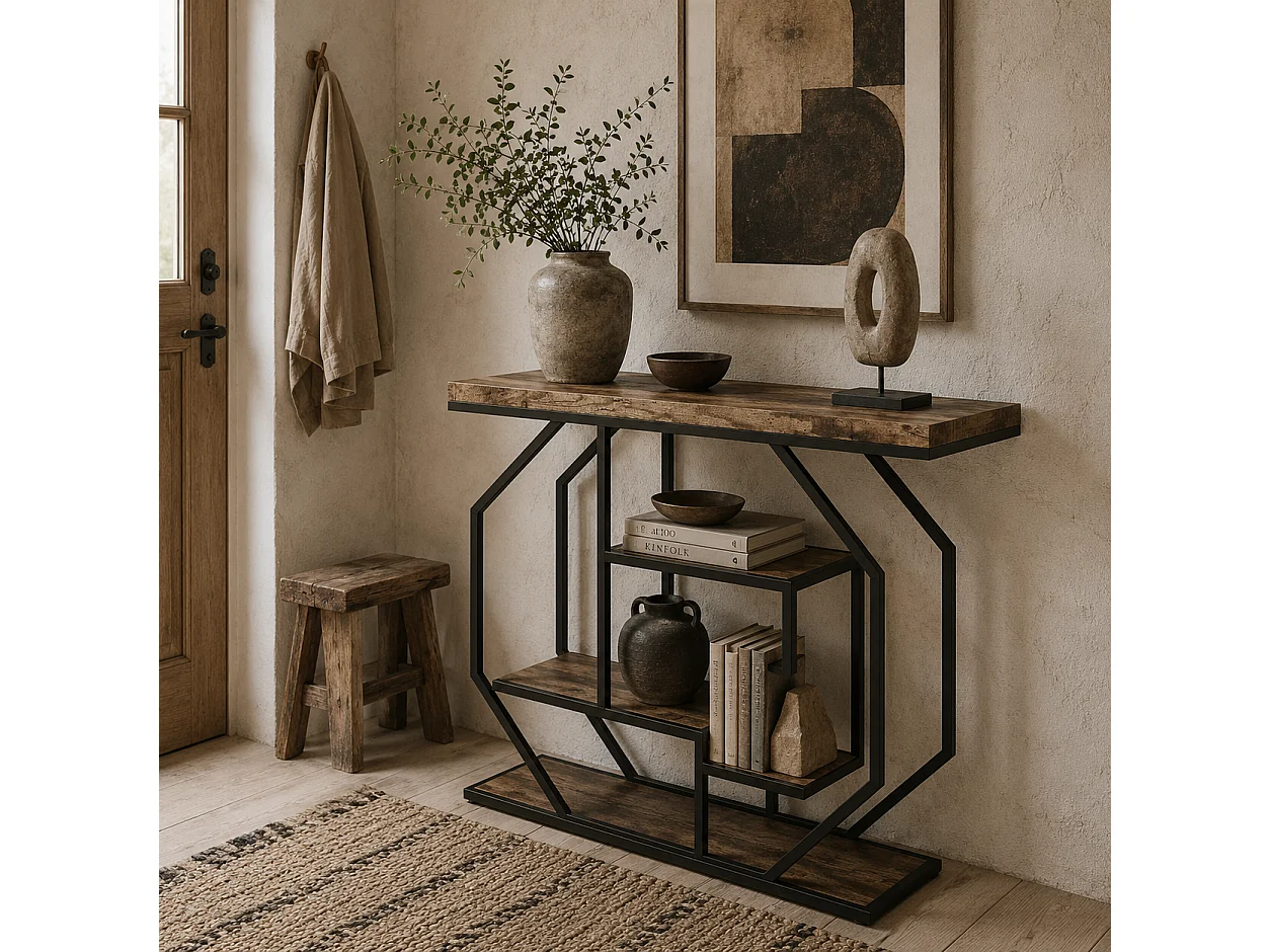 Reello 4 Tier Industrial Console Table Rustic Brown MDF Shelves Black Steel Frame