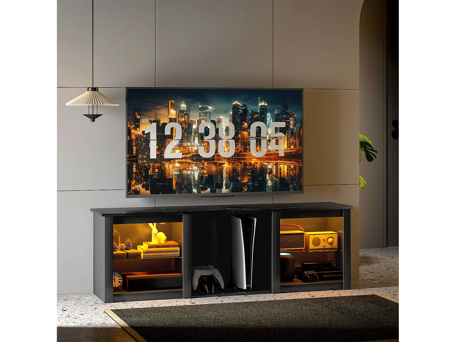 Filu Nara 160cm Black TV Stand with LED Lighting and Storage for 65 inch TVs