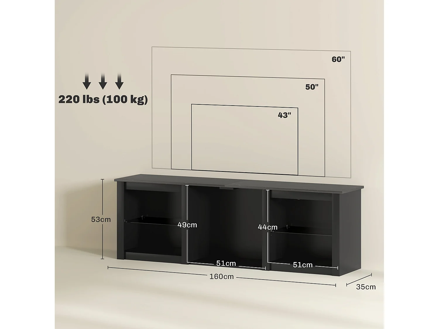 Filu Nara 160cm Black TV Stand with LED Lighting and Storage for 65 inch TVs