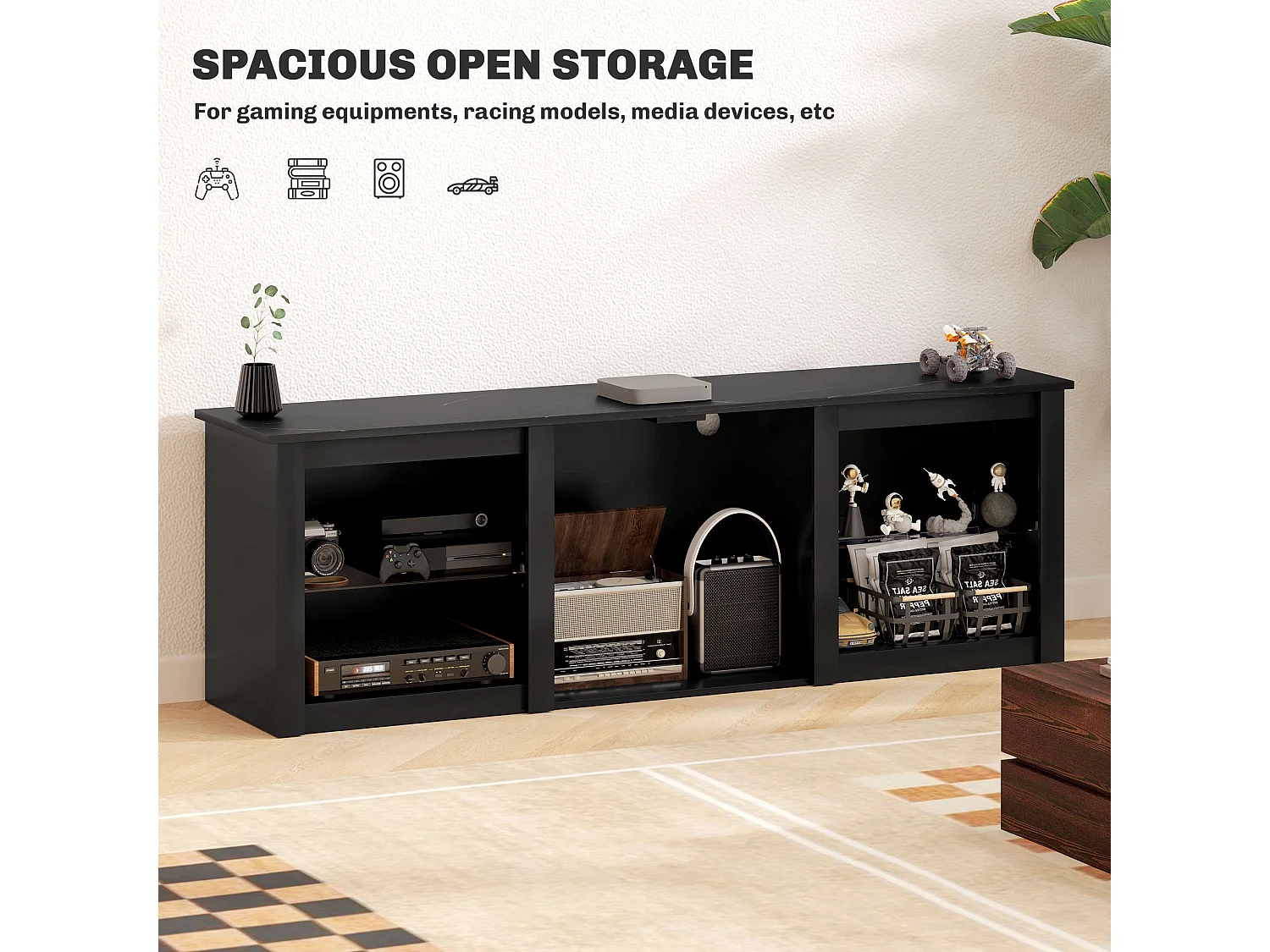 Filu Nara 160cm Black TV Stand with LED Lighting and Storage for 65 inch TVs