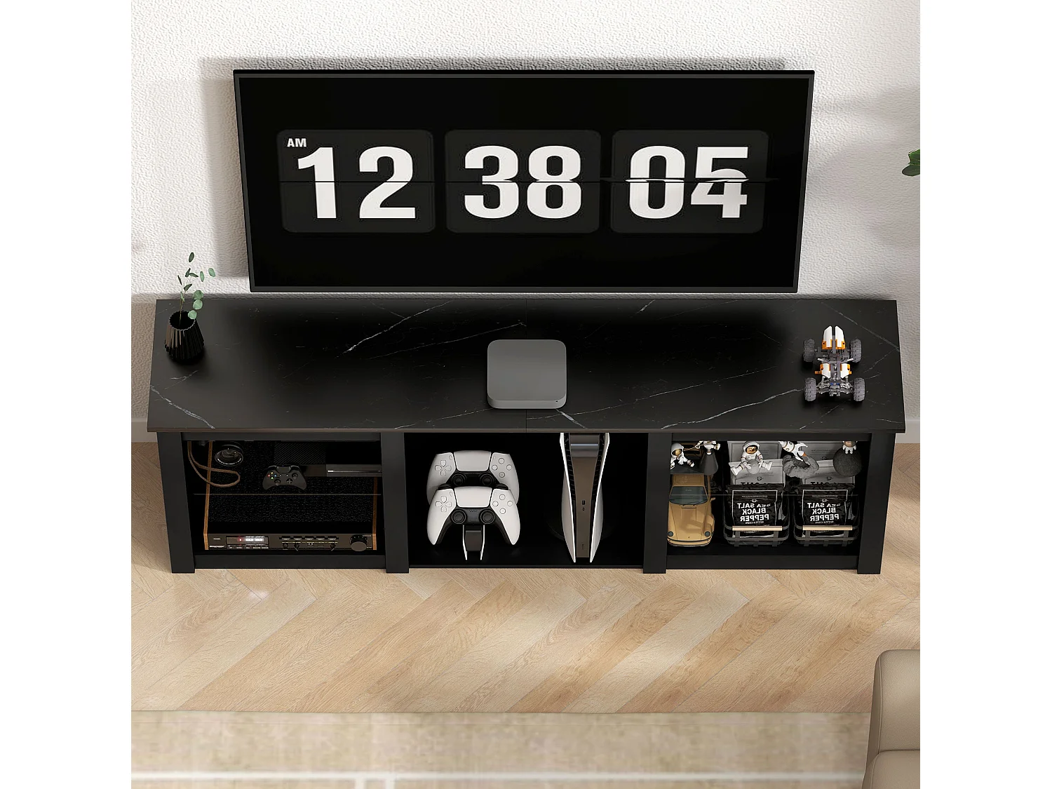 Filu Nara 160cm Black TV Stand with LED Lighting and Storage for 65 inch TVs