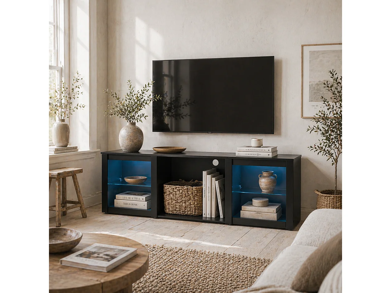 Filu Nara 160cm Black TV Stand with LED Lighting and Storage for 65 inch TVs