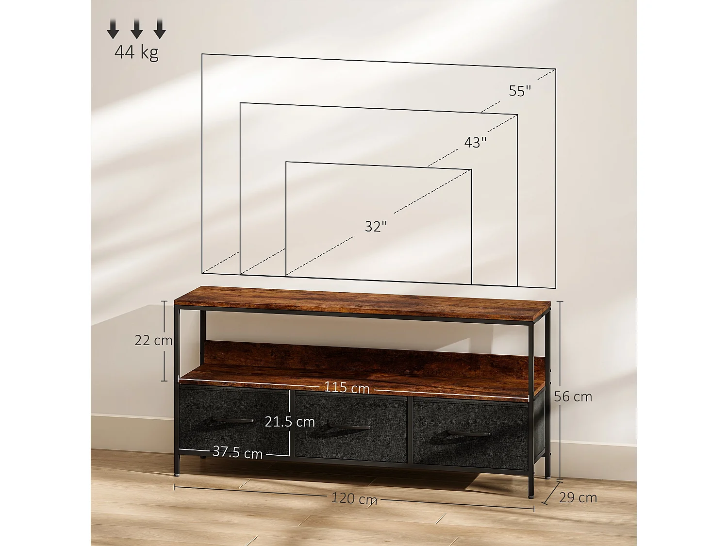Avasoro 120cm Rustic Brown TV Stand with 3 Foldable Fabric Drawers