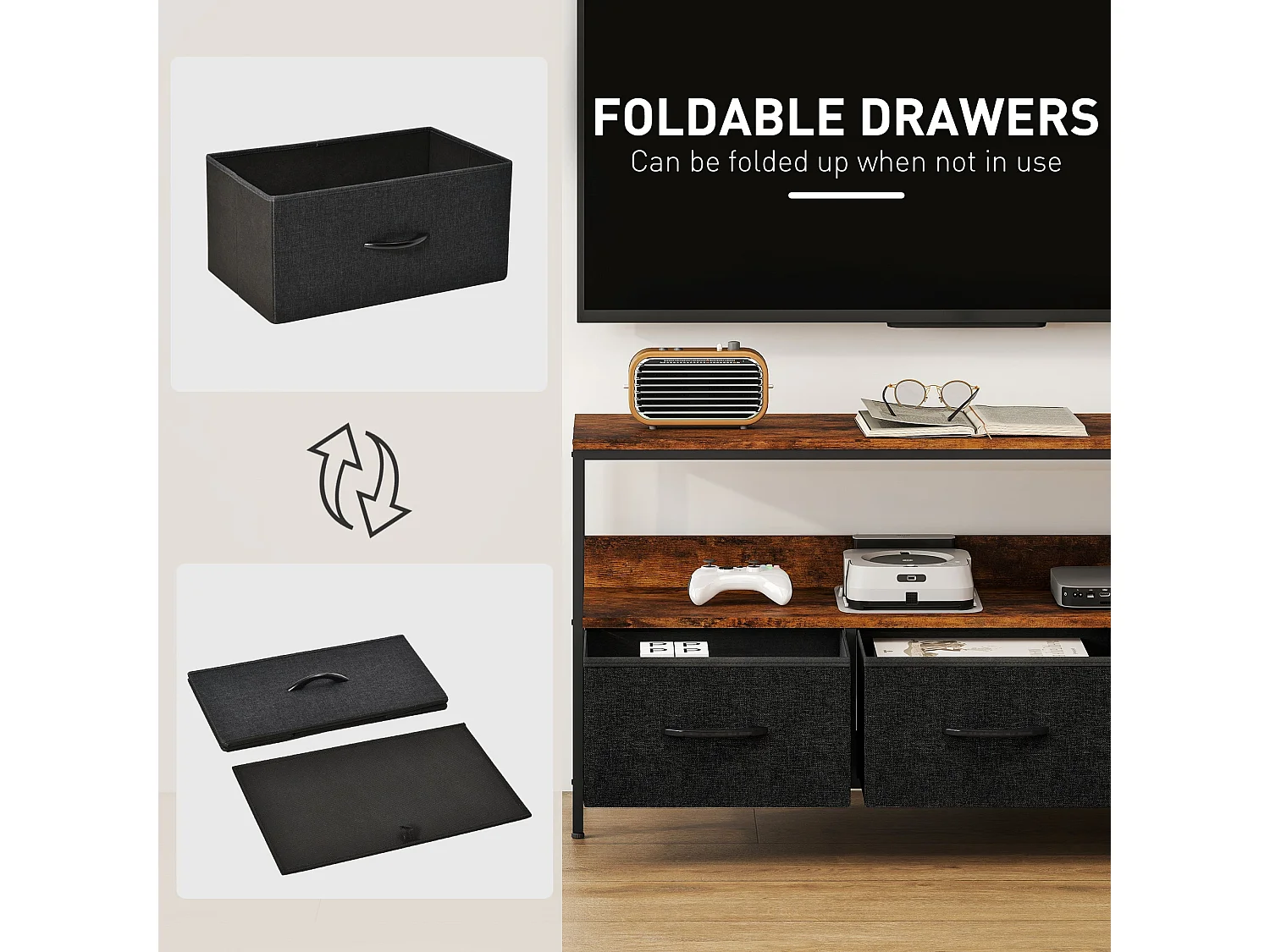 Avasoro 120cm Rustic Brown TV Stand with 3 Foldable Fabric Drawers