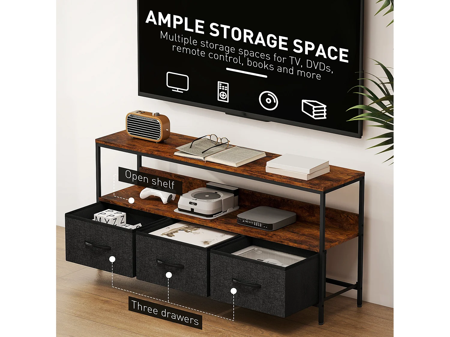 Avasoro 120cm Rustic Brown TV Stand with 3 Foldable Fabric Drawers