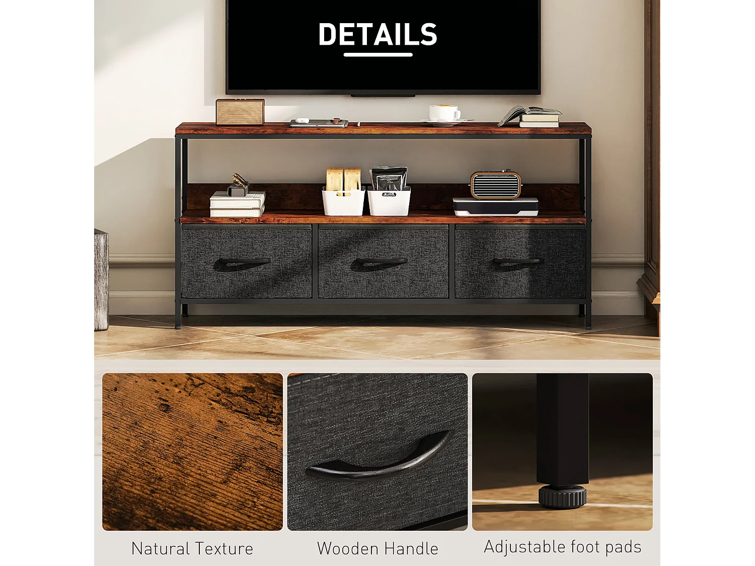 Avasoro 120cm Rustic Brown TV Stand with 3 Foldable Fabric Drawers
