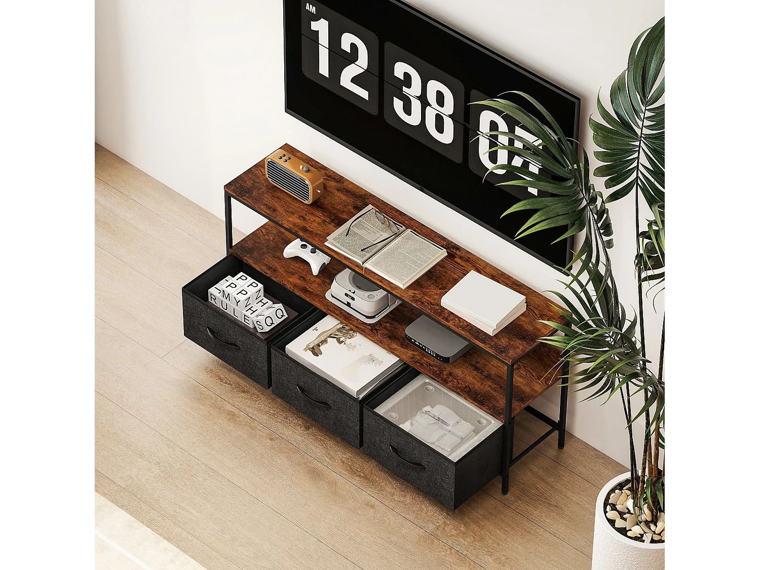 Avasoro 120cm Rustic Brown TV Stand with 3 Foldable Fabric Drawers