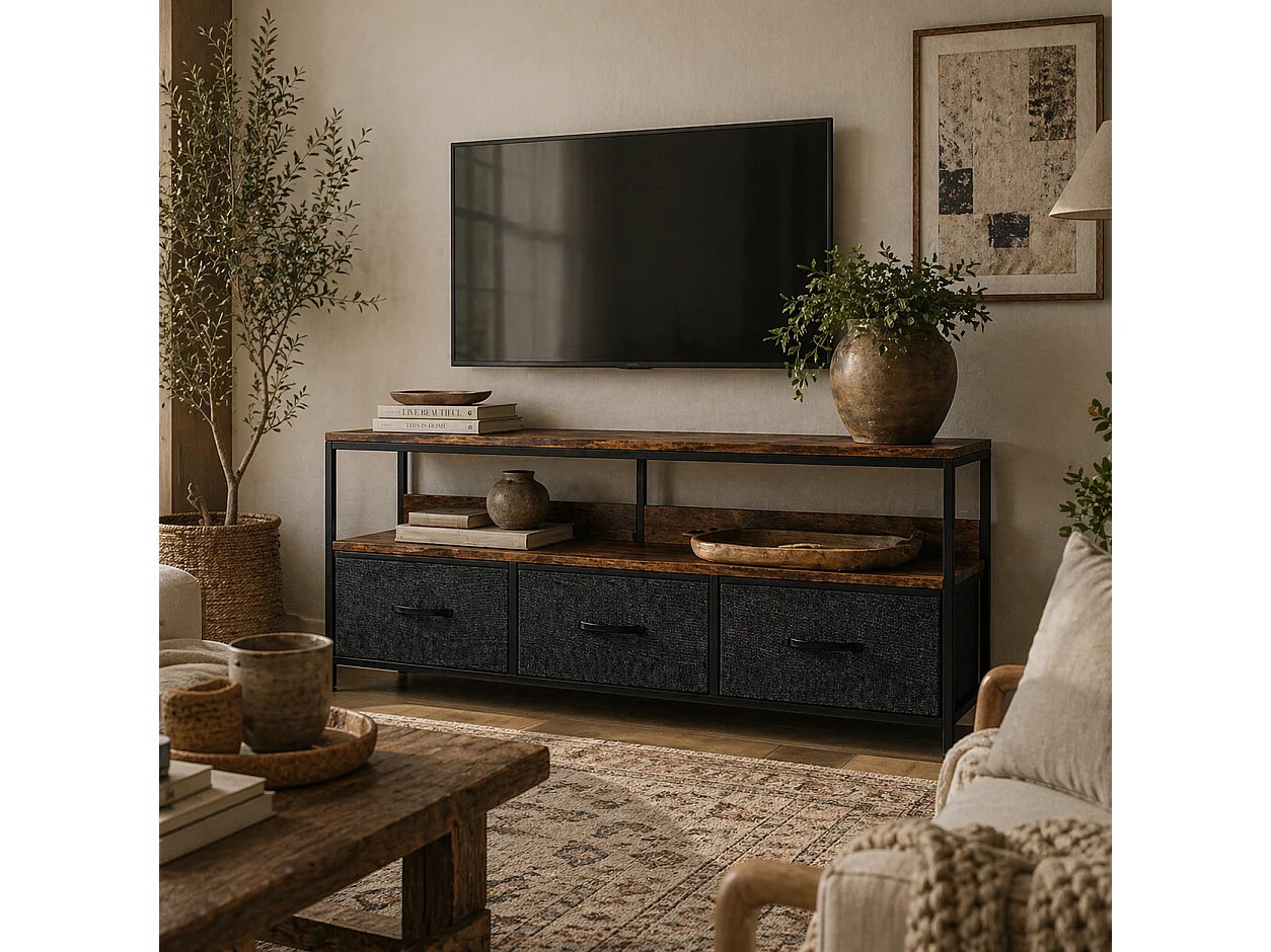 Avasoro 120cm Rustic Brown TV Stand with 3 Foldable Fabric Drawers