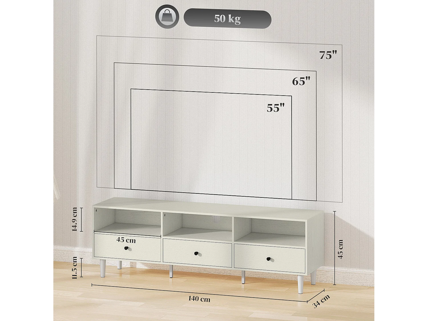 Kedito Cream White TV Stand 140cm 3 Drawers and Open Shelves