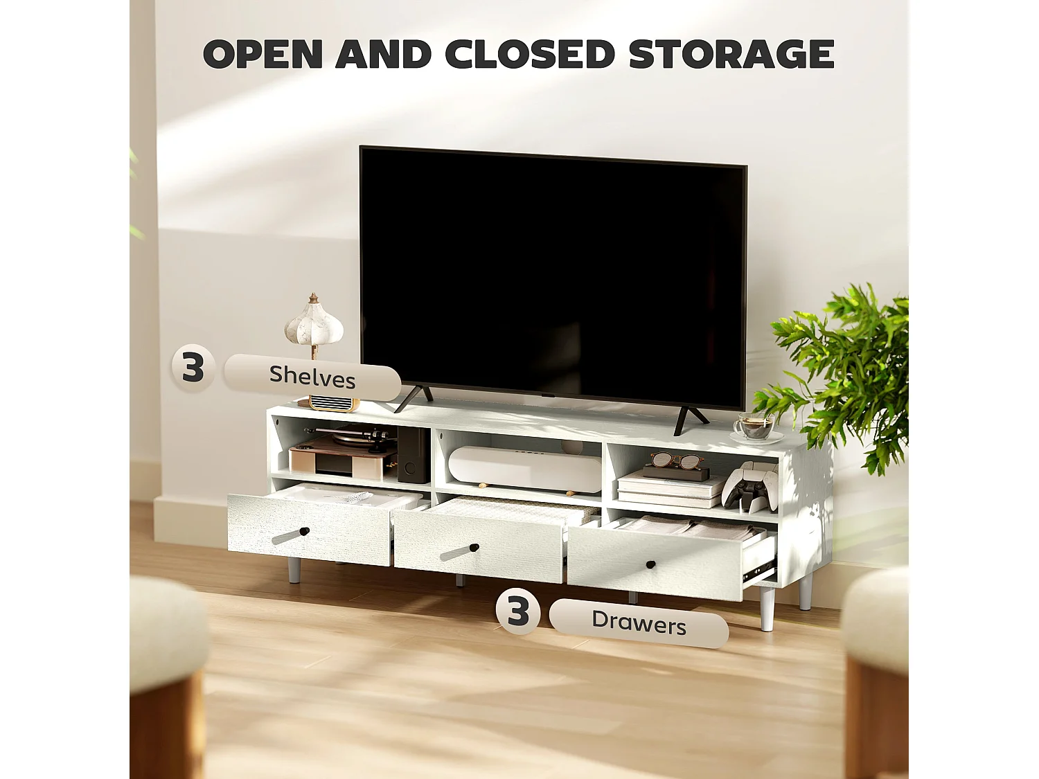 Kedito Cream White TV Stand 140cm 3 Drawers and Open Shelves