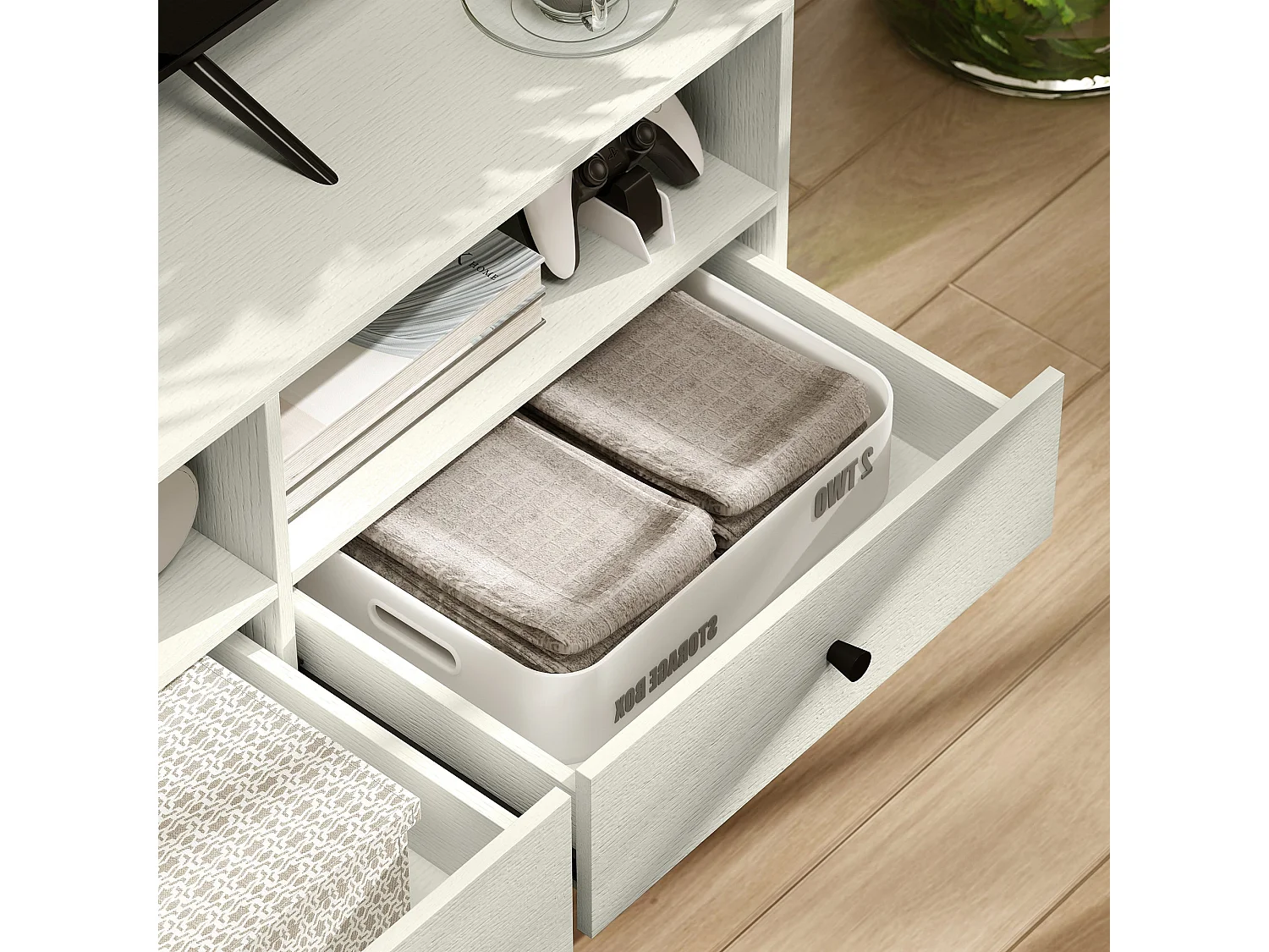 Kedito Cream White TV Stand 140cm 3 Drawers and Open Shelves