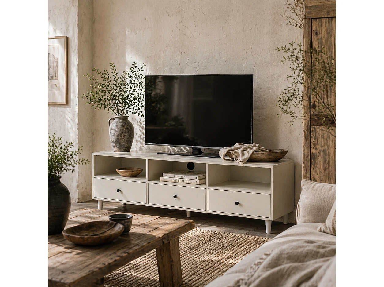 Kedito Cream White TV Stand 140cm 3 Drawers and Open Shelves