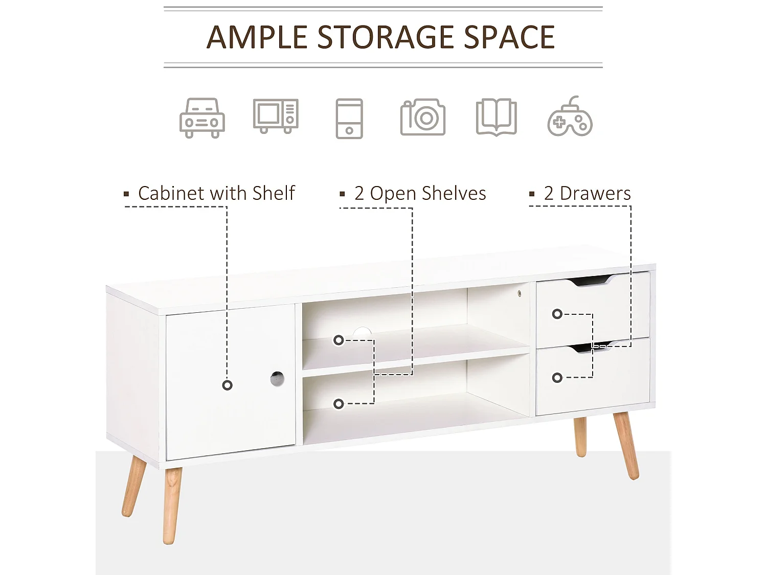 Rani Mano 120cm White TV Console 2 Drawers 1 Door Open Shelves