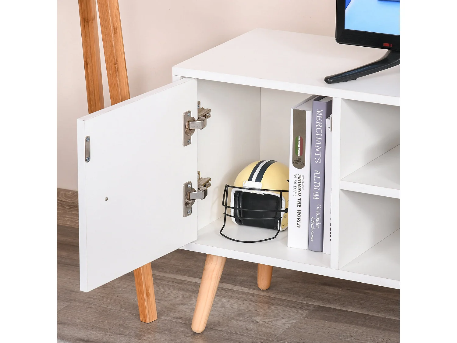 Rani Mano 120cm White TV Console 2 Drawers 1 Door Open Shelves