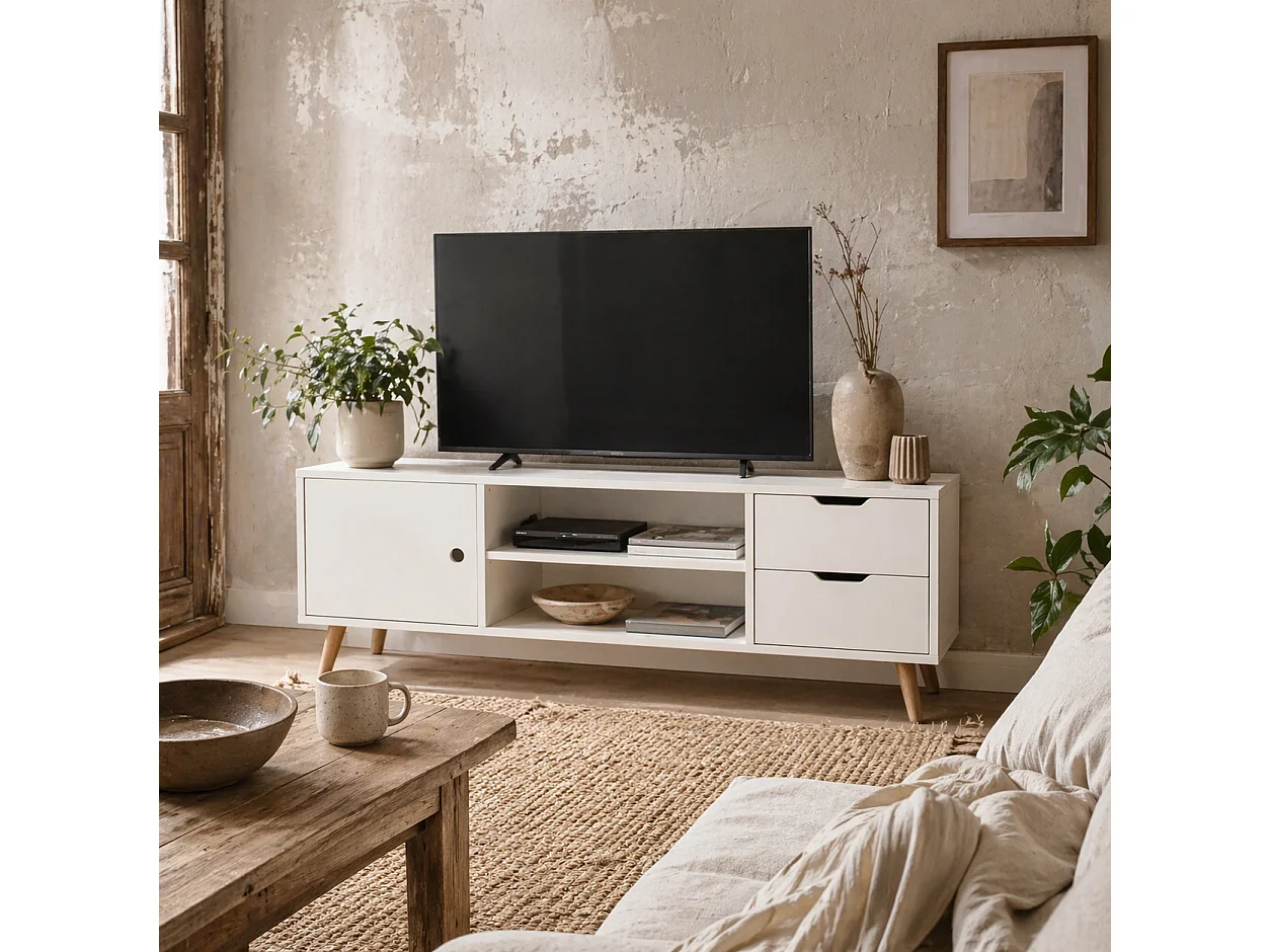 Rani Mano 120cm White TV Console 2 Drawers 1 Door Open Shelves