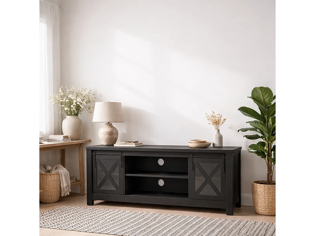 Denmark Black Wood and Glass TV Media Unit 2 Doors