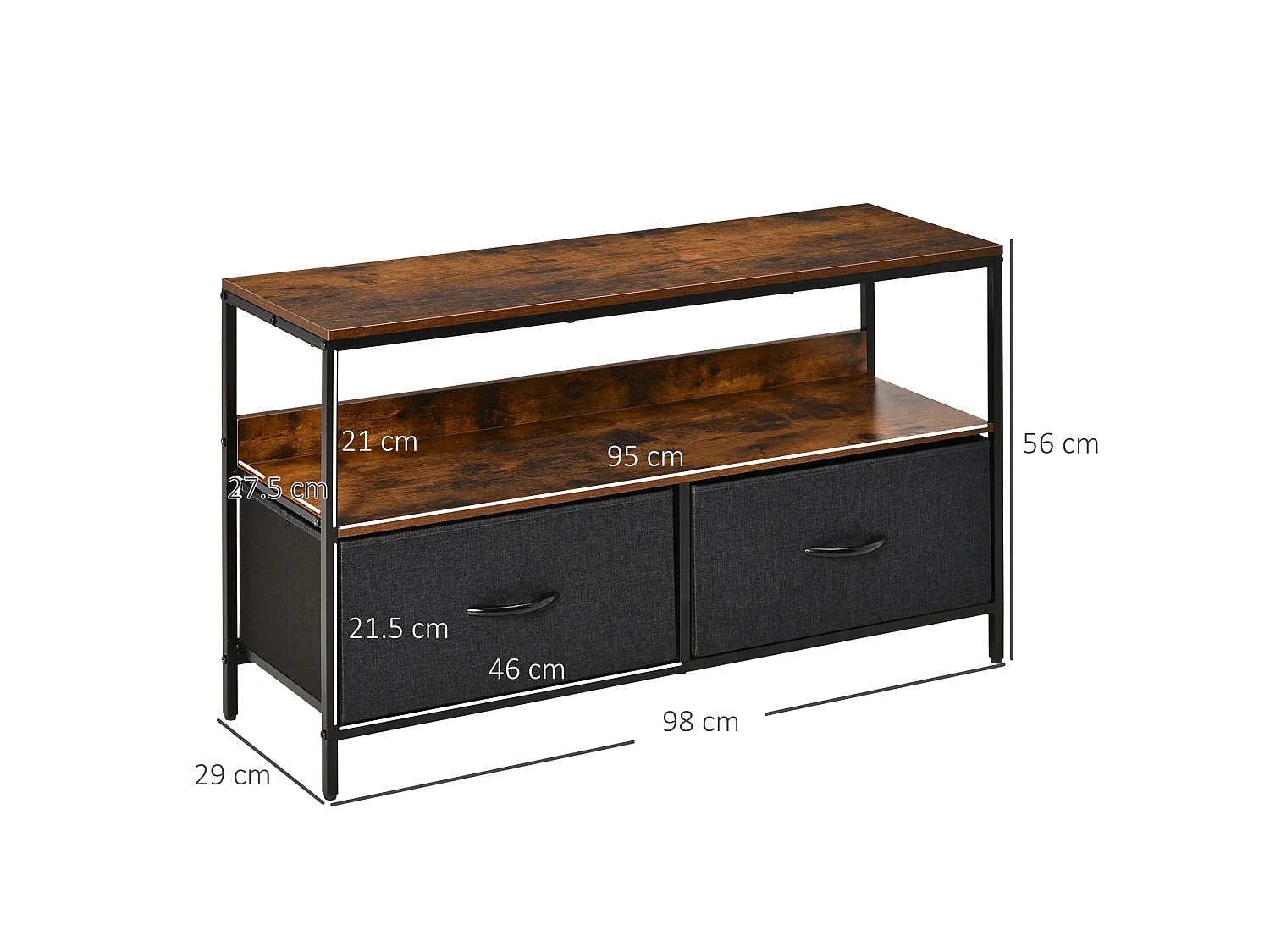 Lelo 98cm Rustic Brown and Black TV Stand for TVs up to 47" 2 Foldable Fabric Drawers
