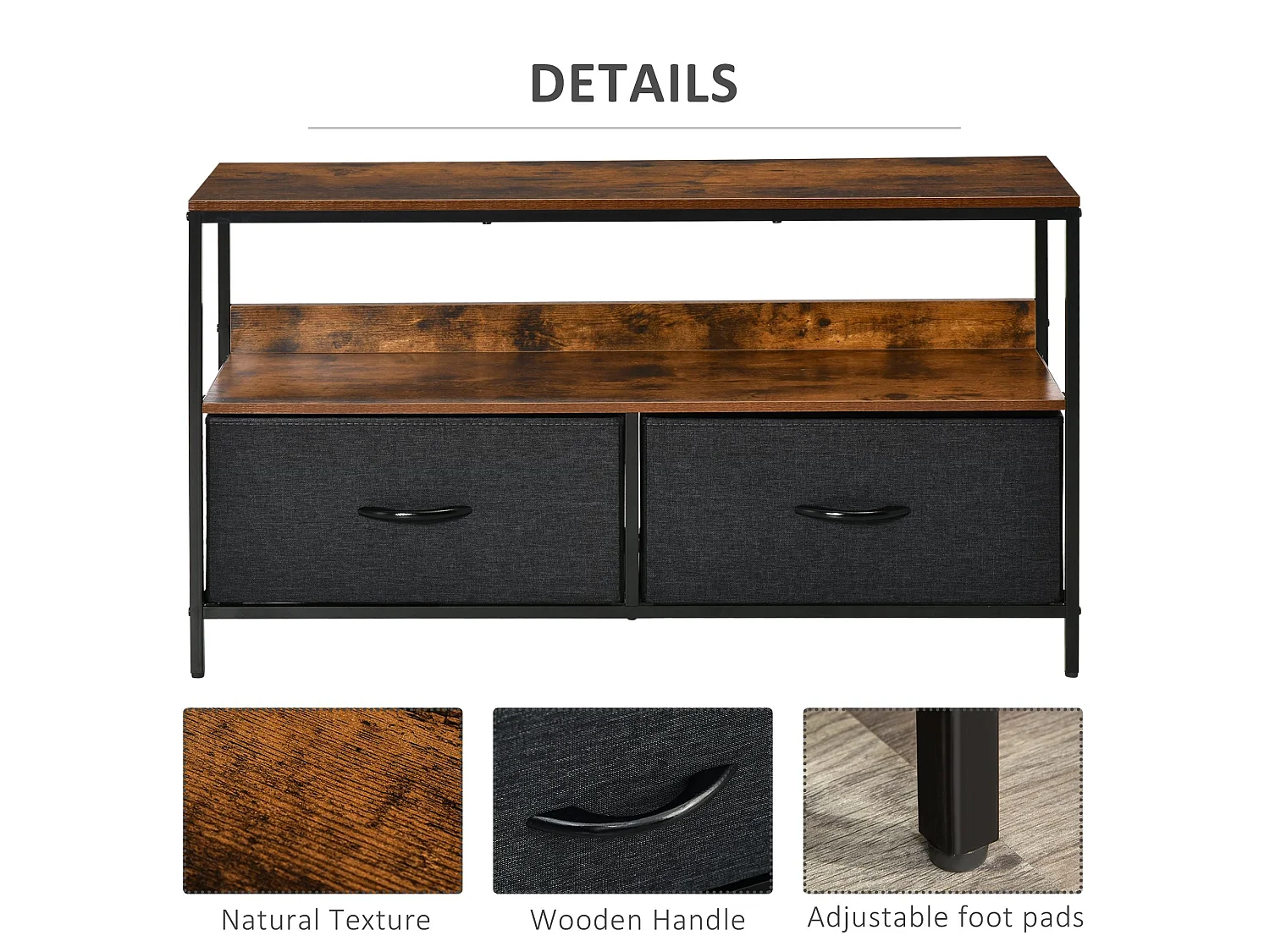 Lelo 98cm Rustic Brown and Black TV Stand for TVs up to 47" 2 Foldable Fabric Drawers