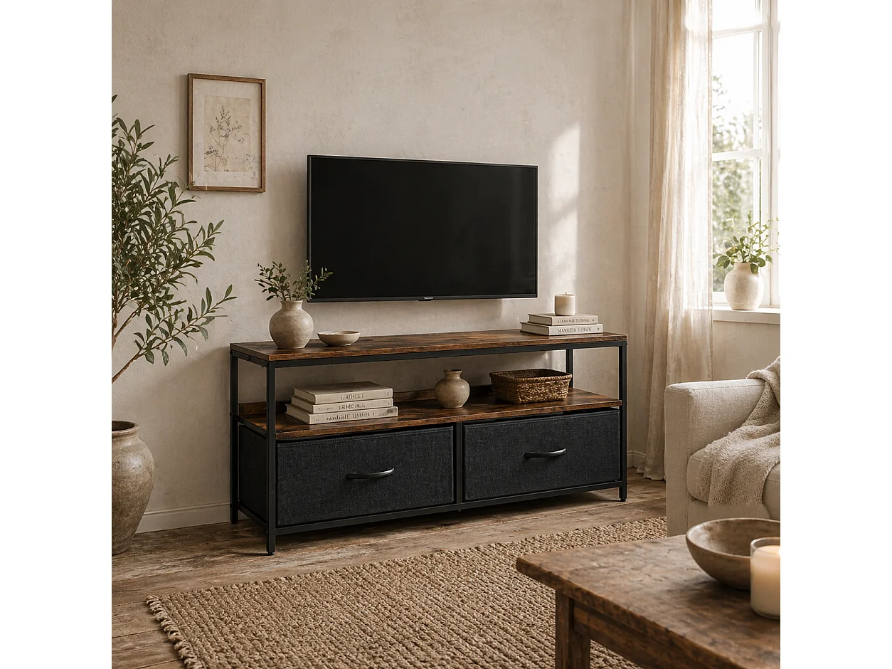 Lelo 98cm Rustic Brown and Black TV Stand for TVs up to 47" 2 Foldable Fabric Drawers