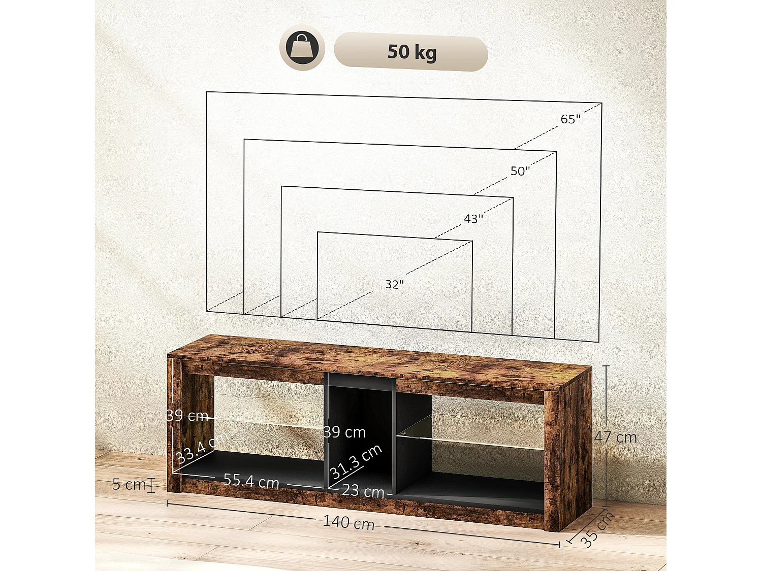 Kemido 140cm Rustic Brown TV Cabinet With LED Lighting Remote Control For Up To 65 Inch Screens