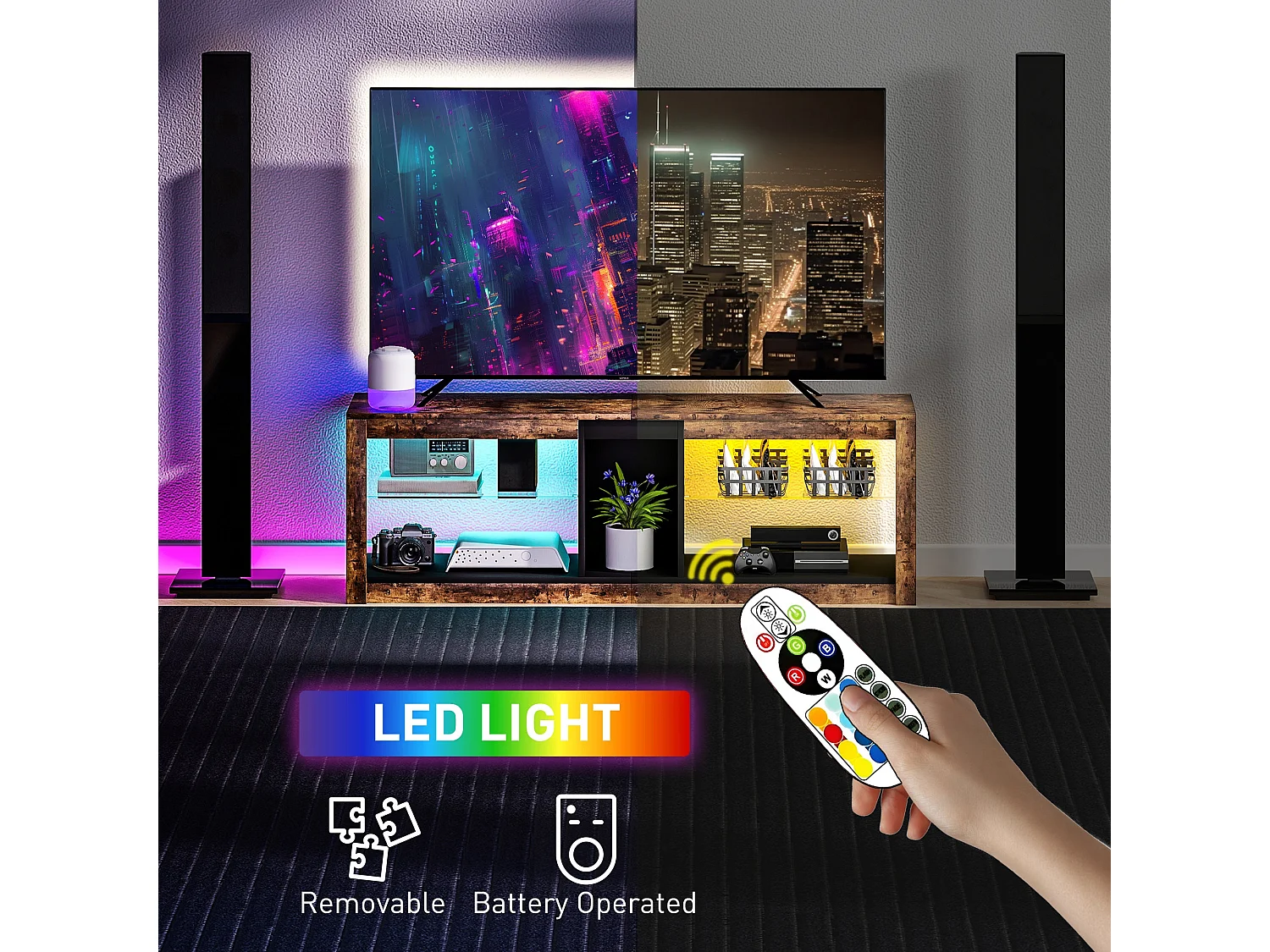 Kemido 140cm Rustic Brown TV Cabinet With LED Lighting Remote Control For Up To 65 Inch Screens