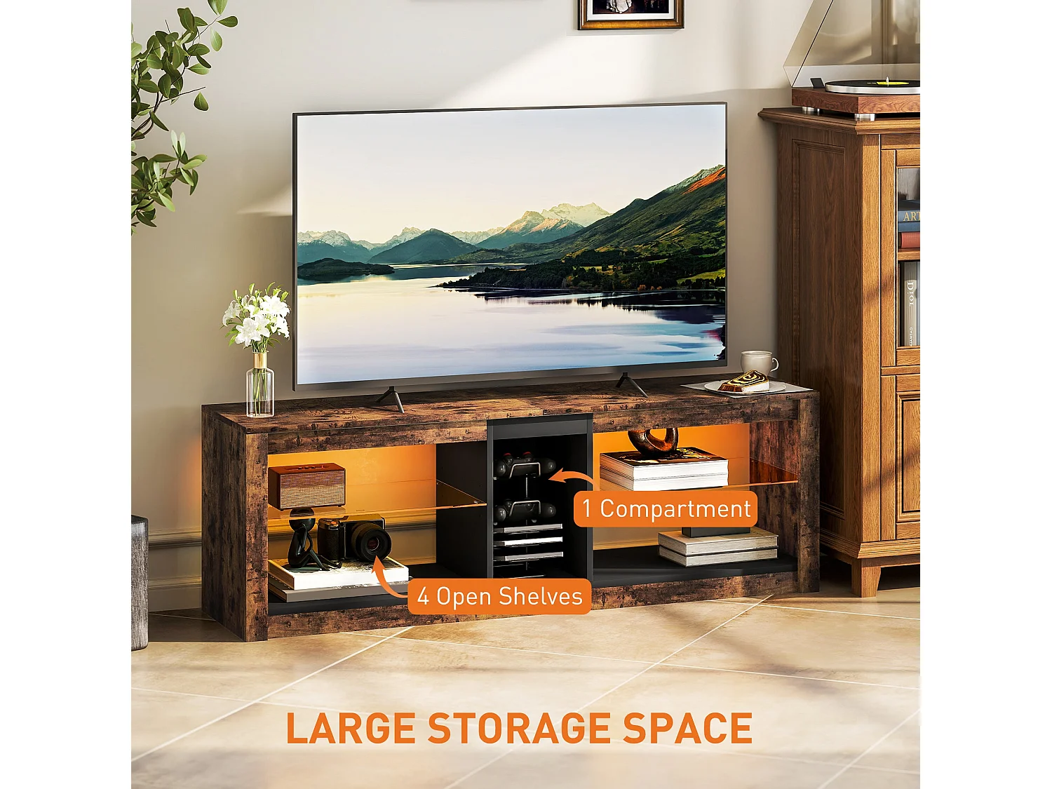 Kemido 140cm Rustic Brown TV Cabinet With LED Lighting Remote Control For Up To 65 Inch Screens