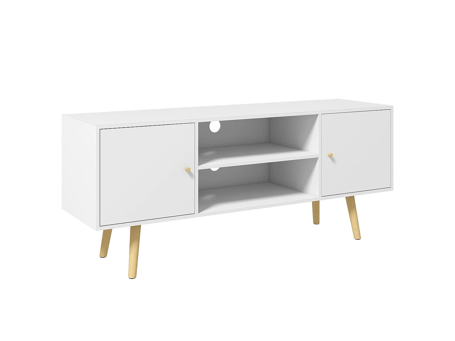 Vido 120cm White TV Cabinet with Open Shelves and Wooden Legs Fits up to 55 inch TVs